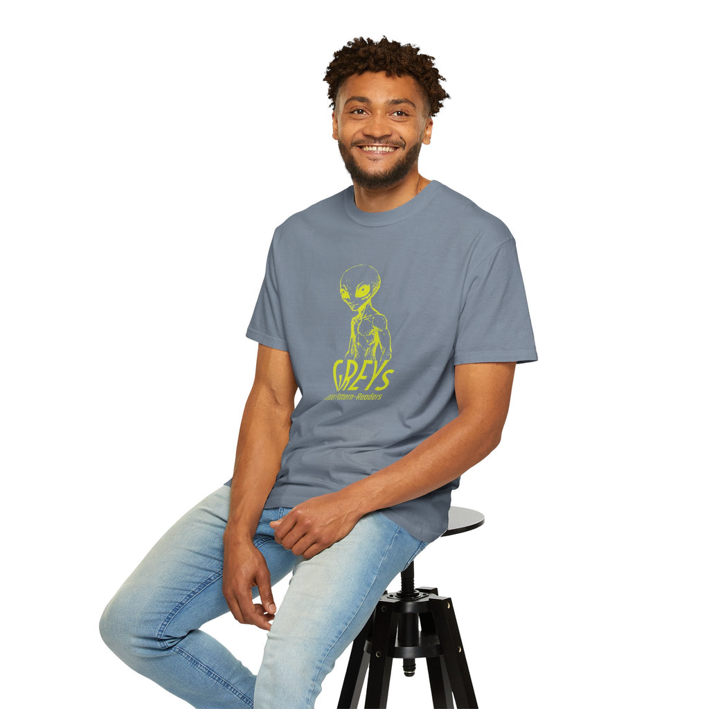 Alien Greys Graphic T-Shirt — "The Quiet Pattern Readers" Illustrated dark Tee