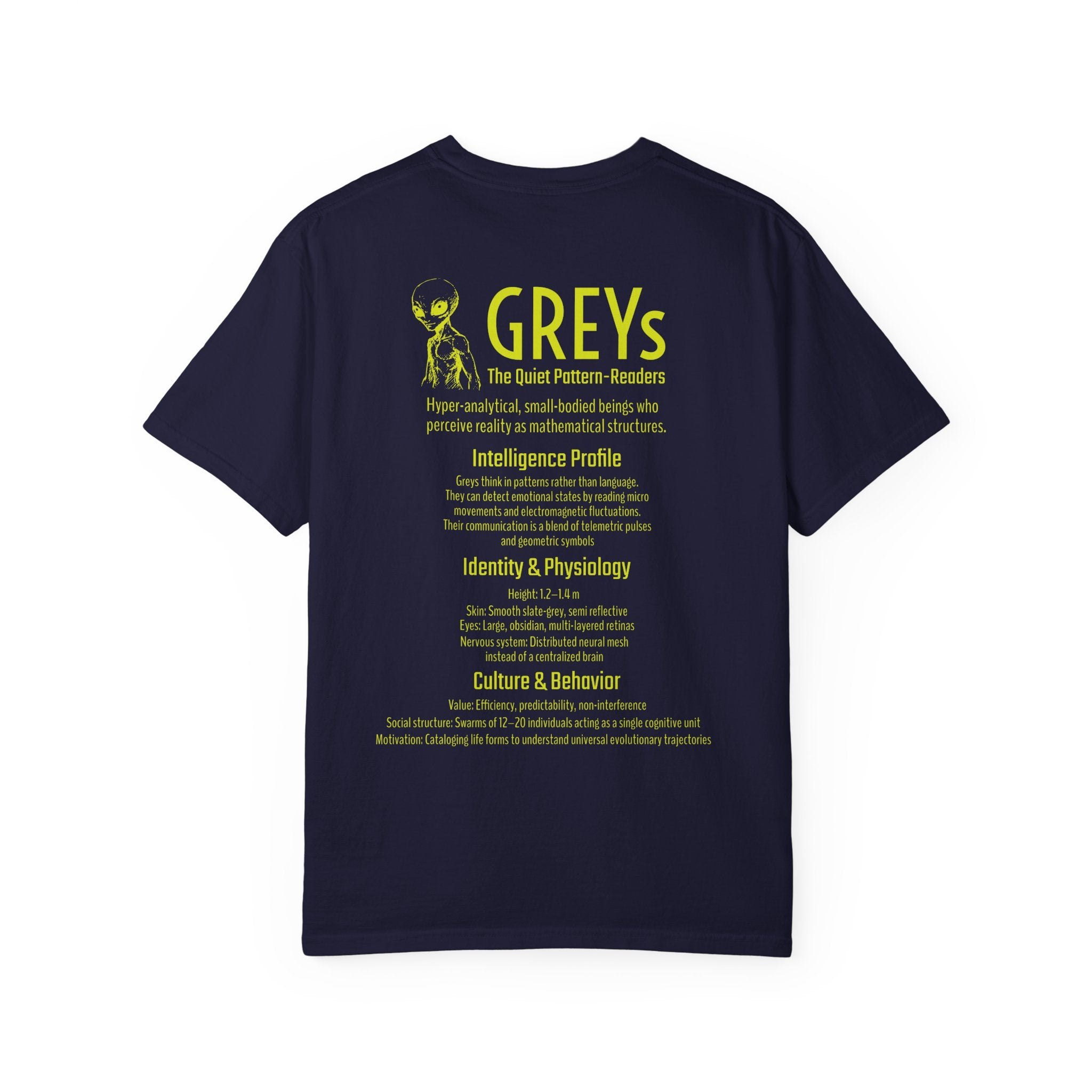 Alien Greys Graphic T-Shirt — "The Quiet Pattern Readers" Illustrated dark Tee