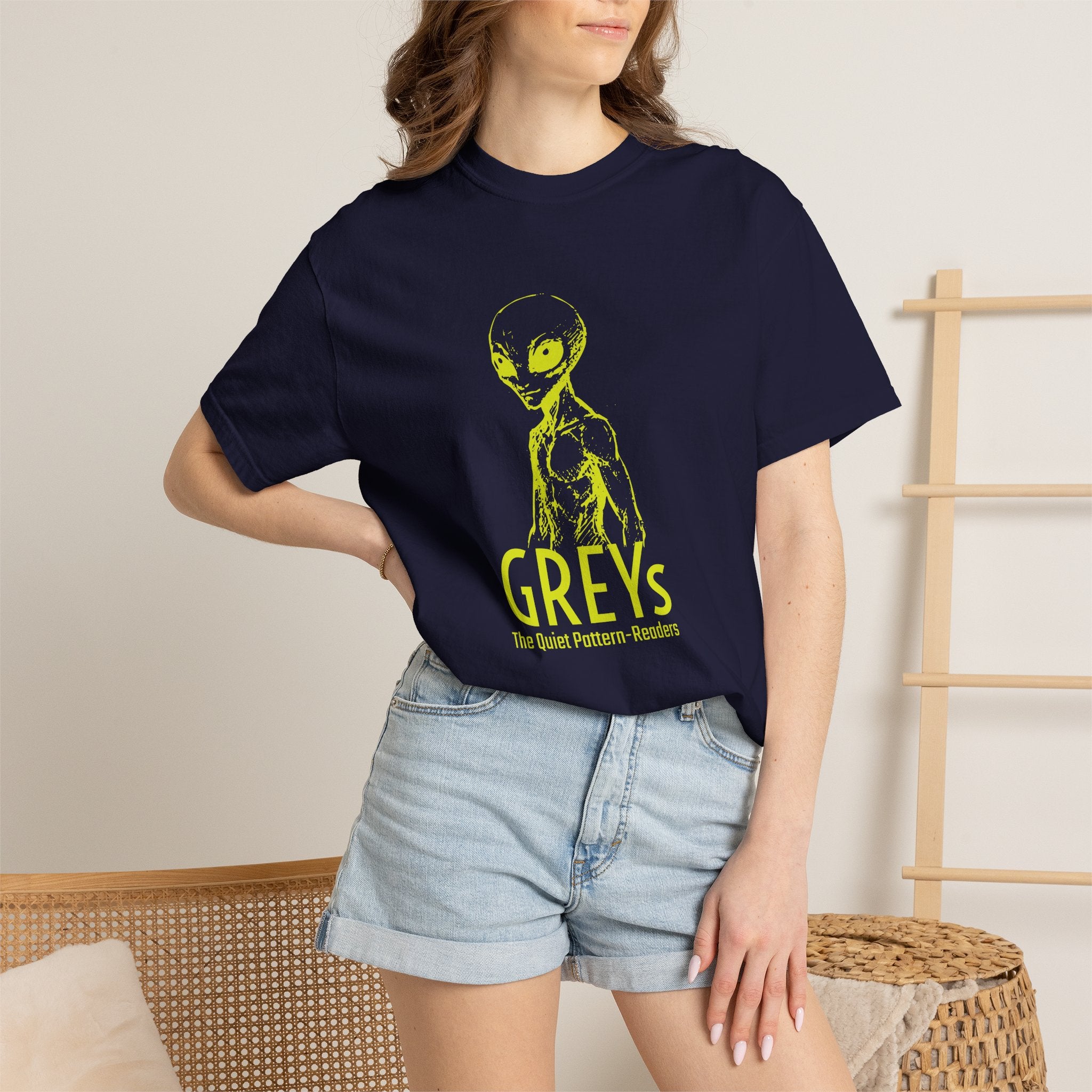 Alien Greys Graphic T-Shirt — "The Quiet Pattern Readers" Illustrated dark Tee
