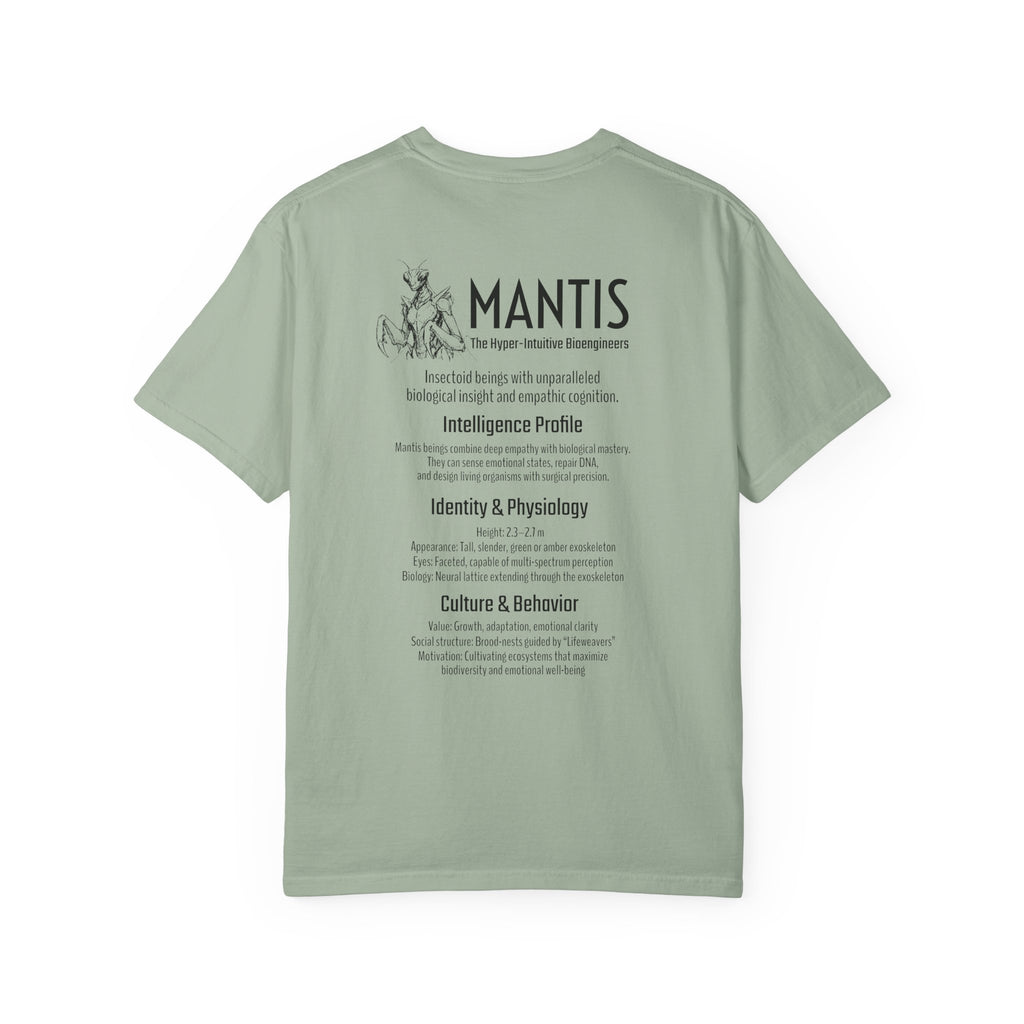 Alien Mantis Graphic T-Shirt — "The Hyper-Intuitive Bioengineers" Illustrated Tee