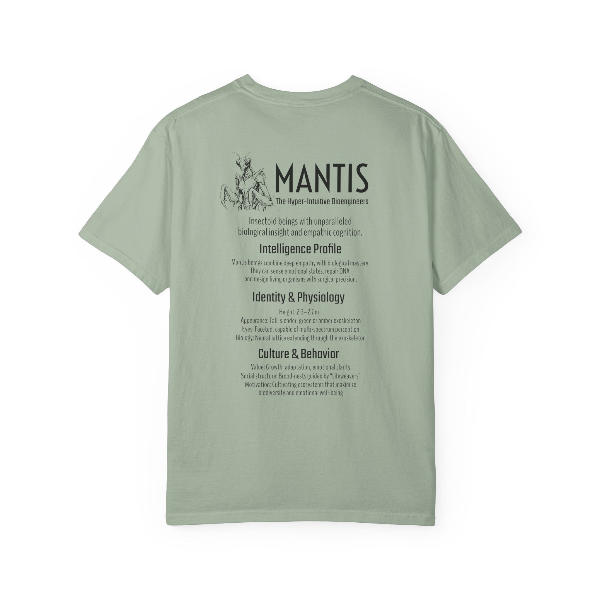 Alien Mantis Graphic T-Shirt — "The Hyper-Intuitive Bioengineers" Illustrated Tee