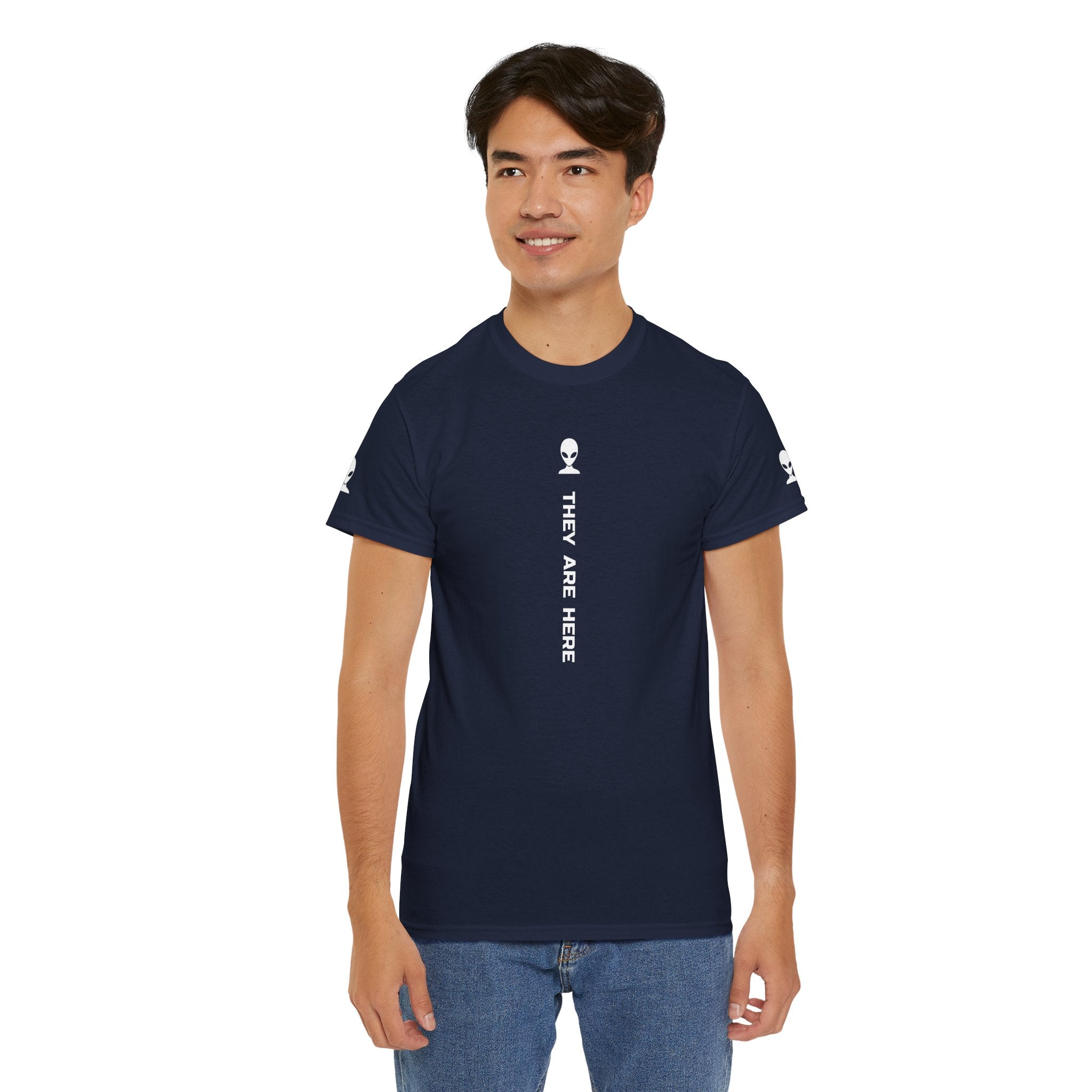 Alien Tee — Minimal "They Are Here" Vertical Graphic T-Shirt dark