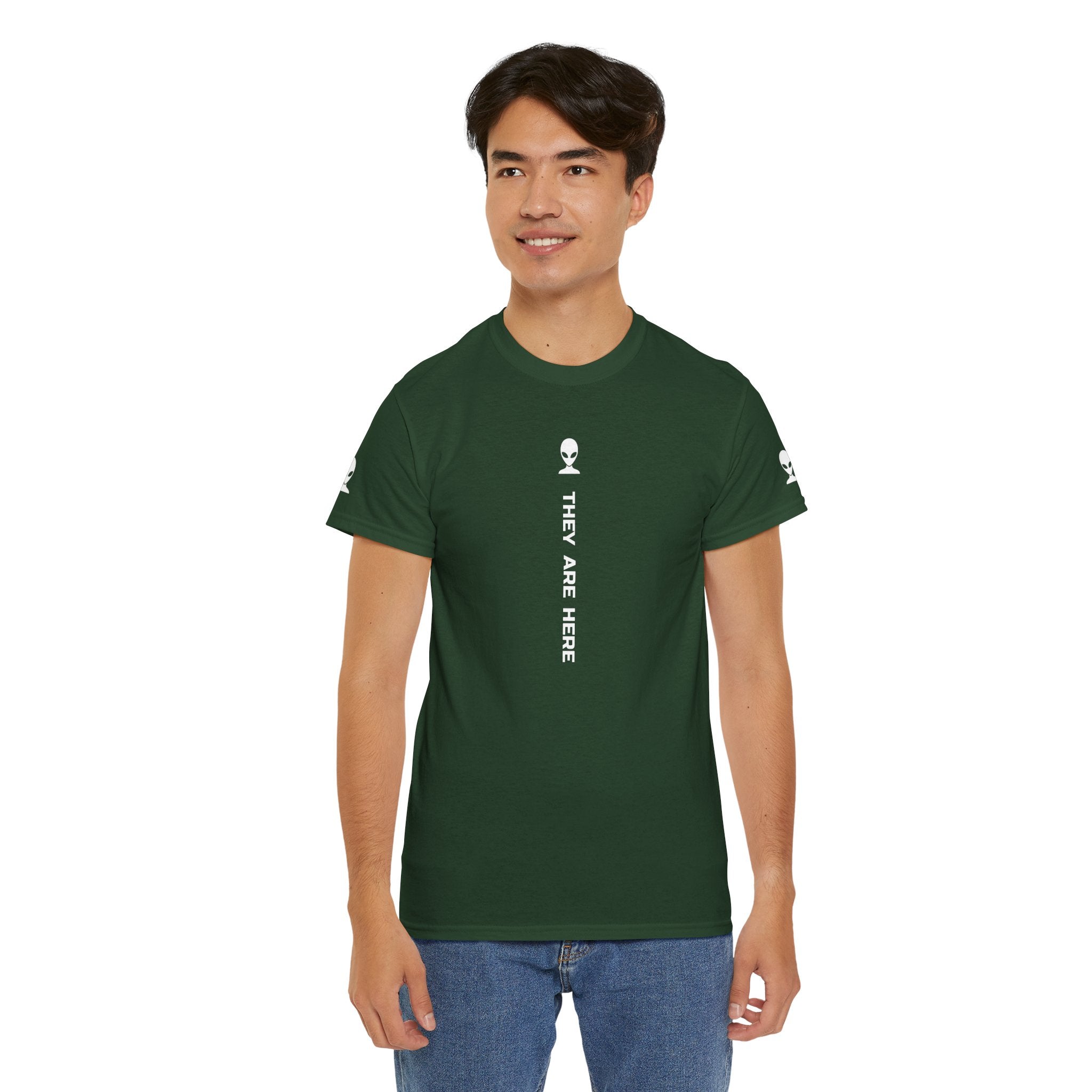 Alien Tee — Minimal "They Are Here" Vertical Graphic T-Shirt dark