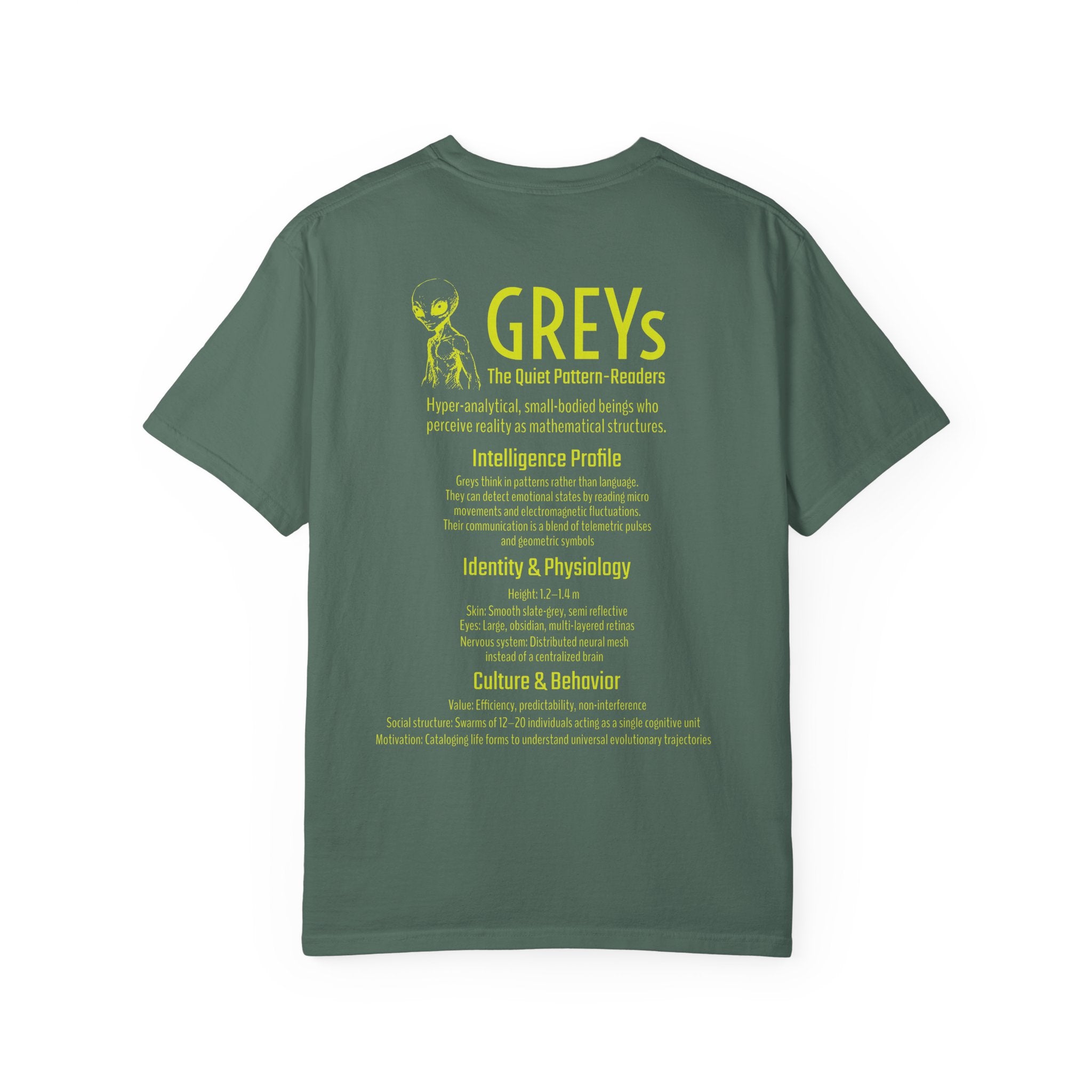 Alien Greys Graphic T-Shirt — "The Quiet Pattern Readers" Illustrated dark Tee