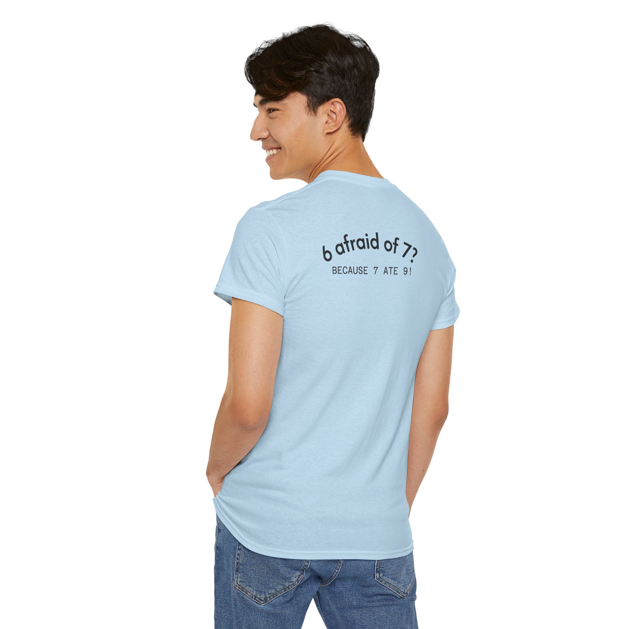 Why is 6 Afraid of 7? "Because 7 Ate 9" Funny Numbers Tee