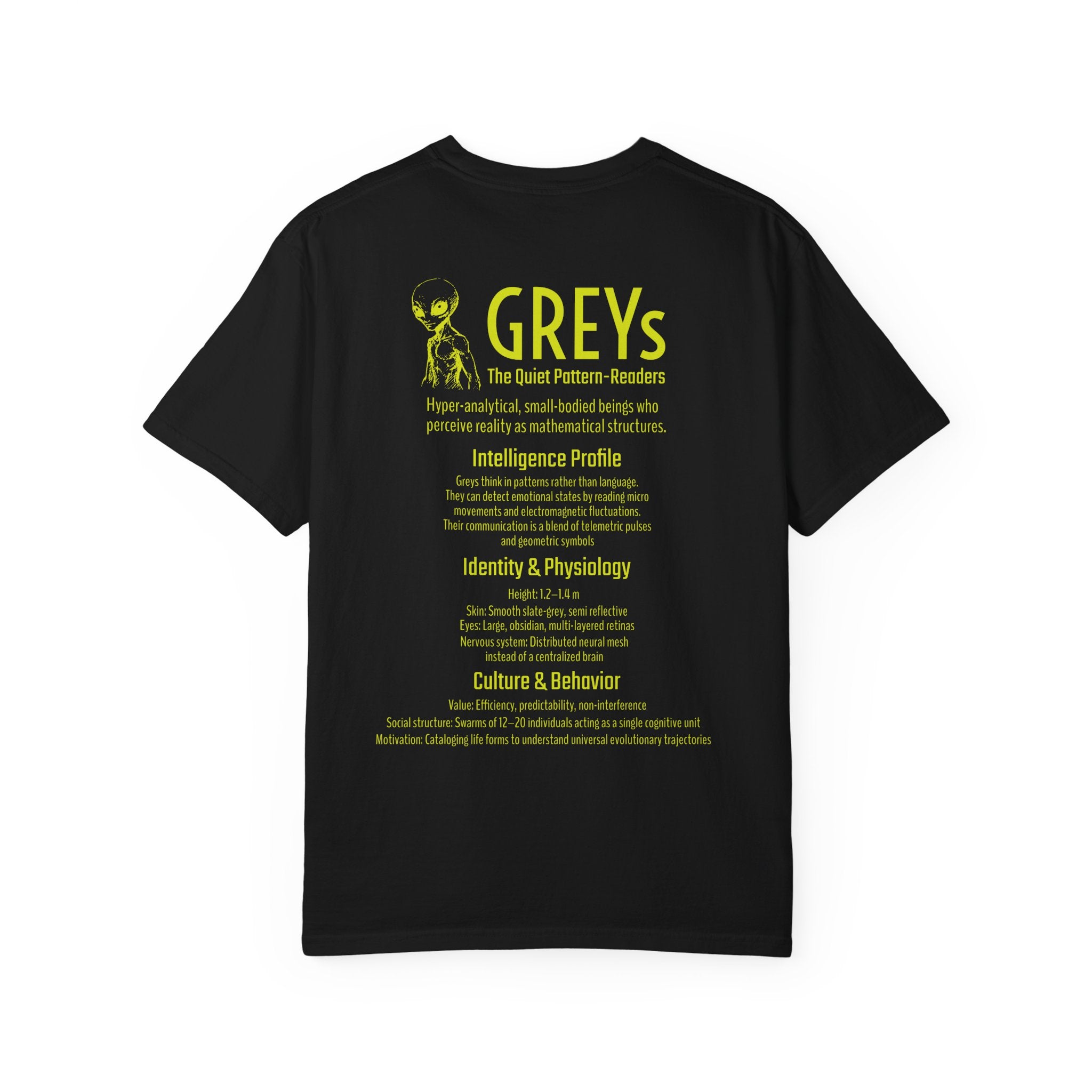 Alien Greys Graphic T-Shirt — "The Quiet Pattern Readers" Illustrated dark Tee
