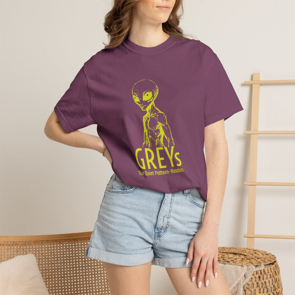 Alien Greys Graphic T-Shirt — "The Quiet Pattern Readers" Illustrated dark Tee