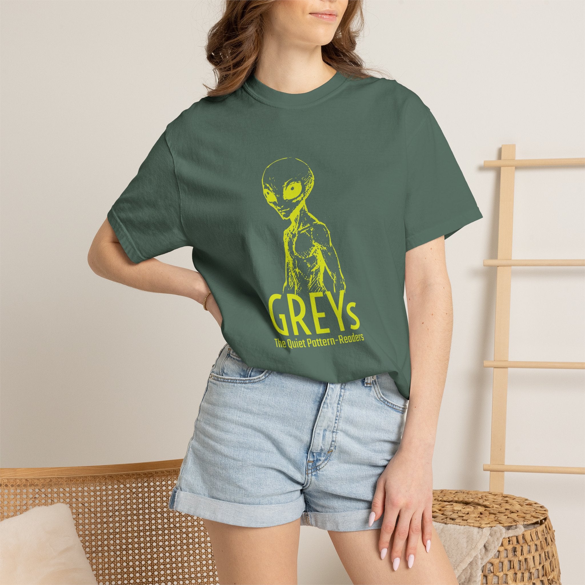 Alien Greys Graphic T-Shirt — "The Quiet Pattern Readers" Illustrated dark Tee