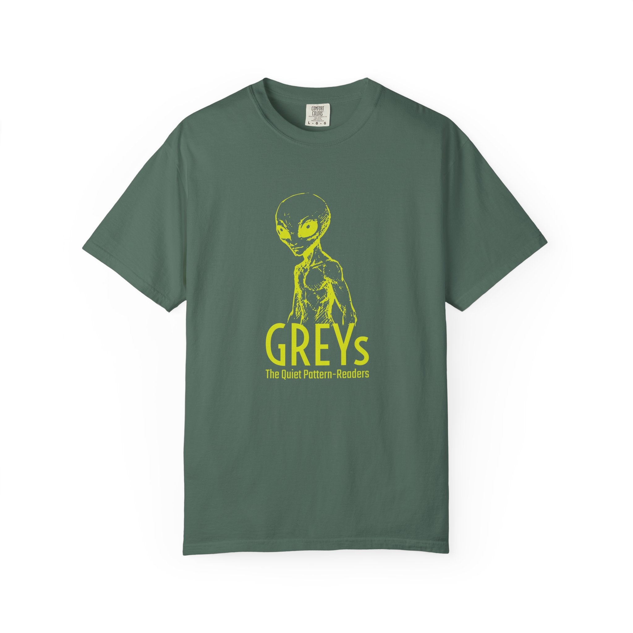 Alien Greys Graphic T-Shirt — "The Quiet Pattern Readers" Illustrated dark Tee