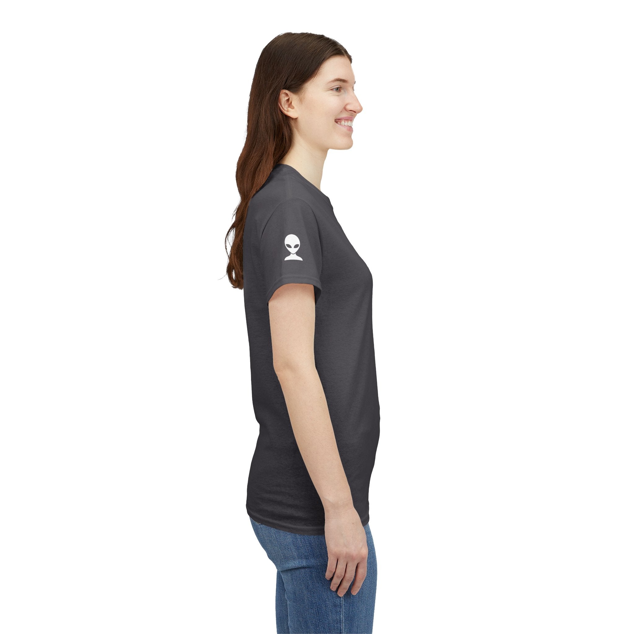Alien Tee — Minimal "They Are Here" Vertical Graphic T-Shirt dark