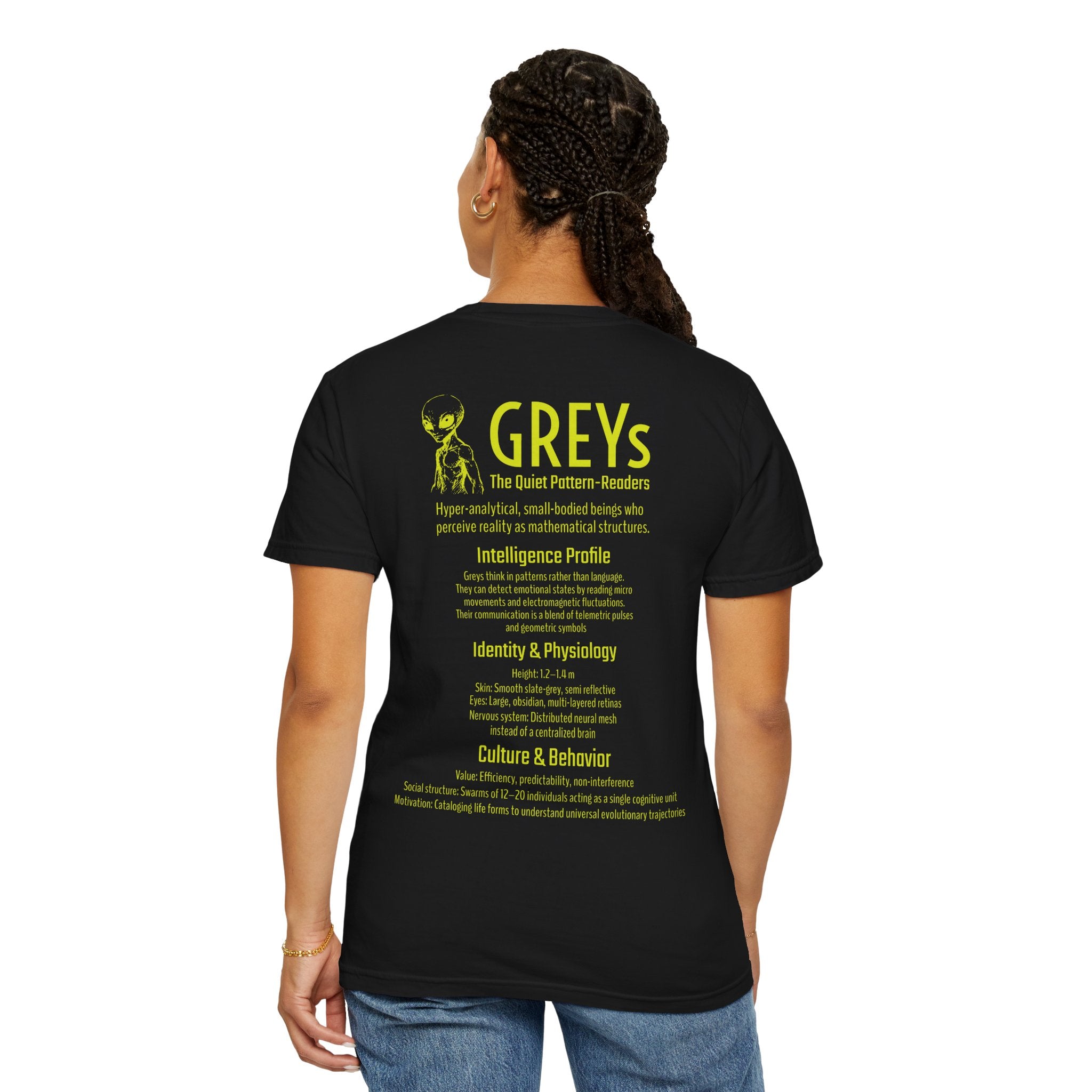 Alien Greys Graphic T-Shirt — "The Quiet Pattern Readers" Illustrated dark Tee