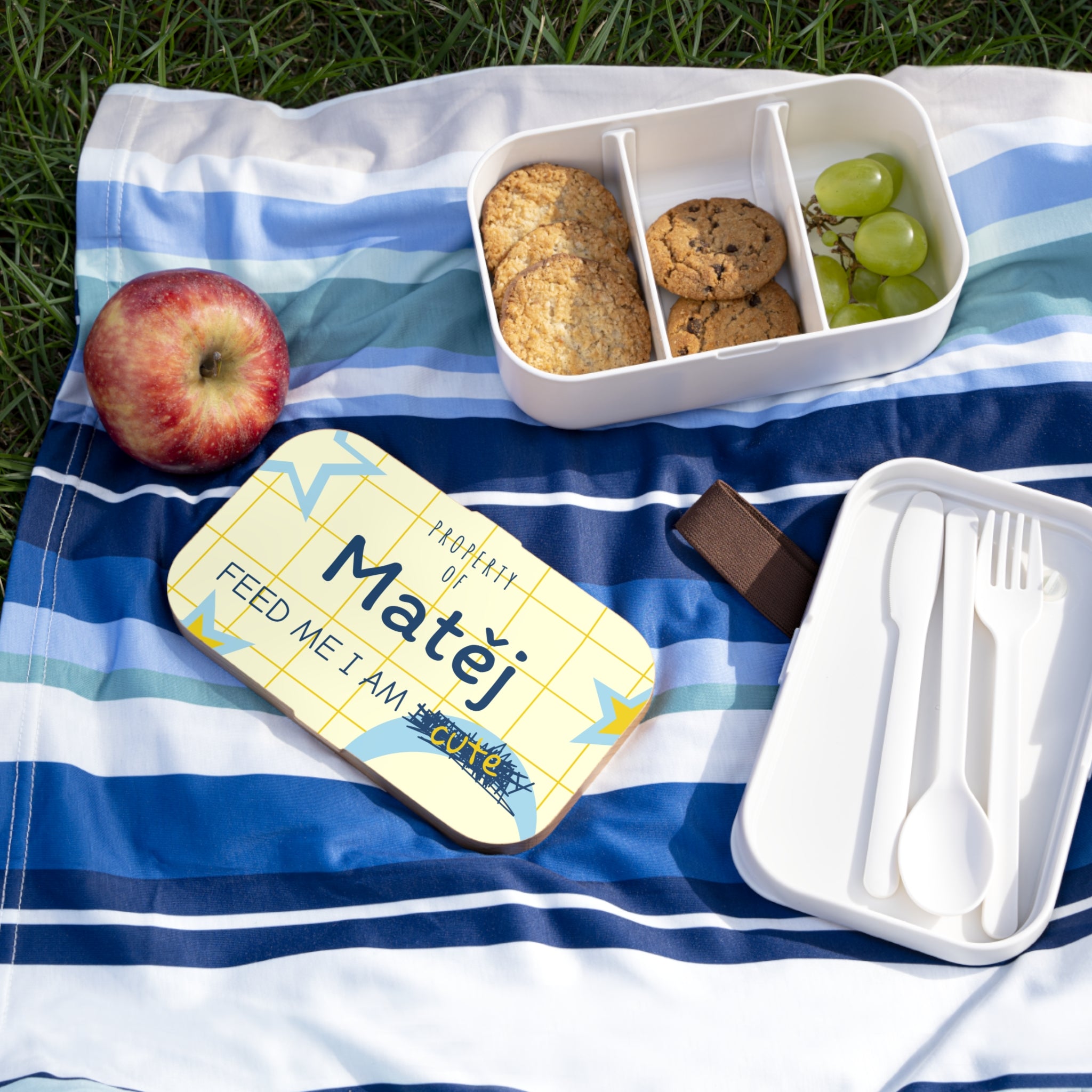 Personalized Bento Lunch Box — "Property of [Name] Feed Me I Am Hungry/Cute" Design
