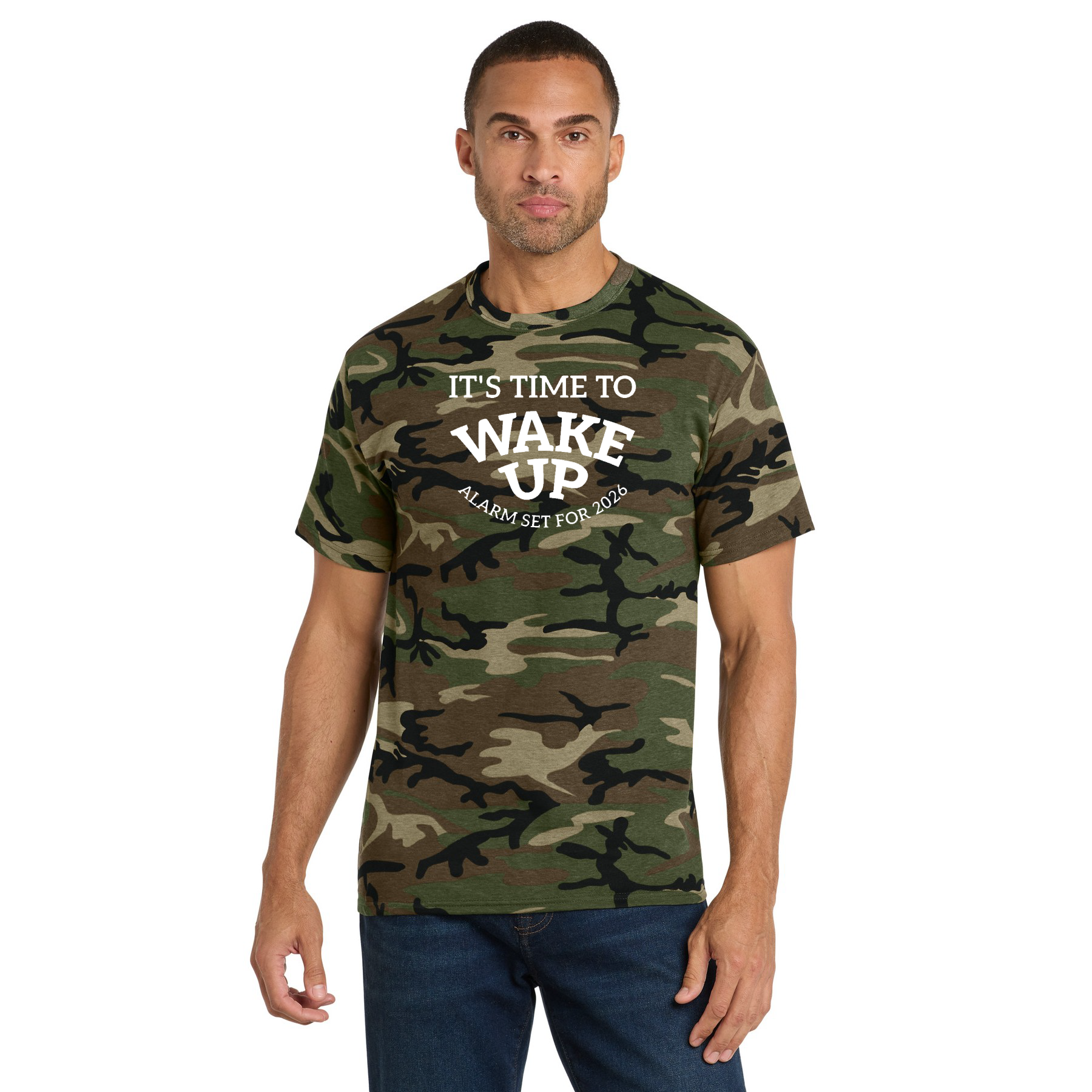 Wake Up Camo Tee — "It's Time to Wake Up" Military Green Graphic T-Shirt