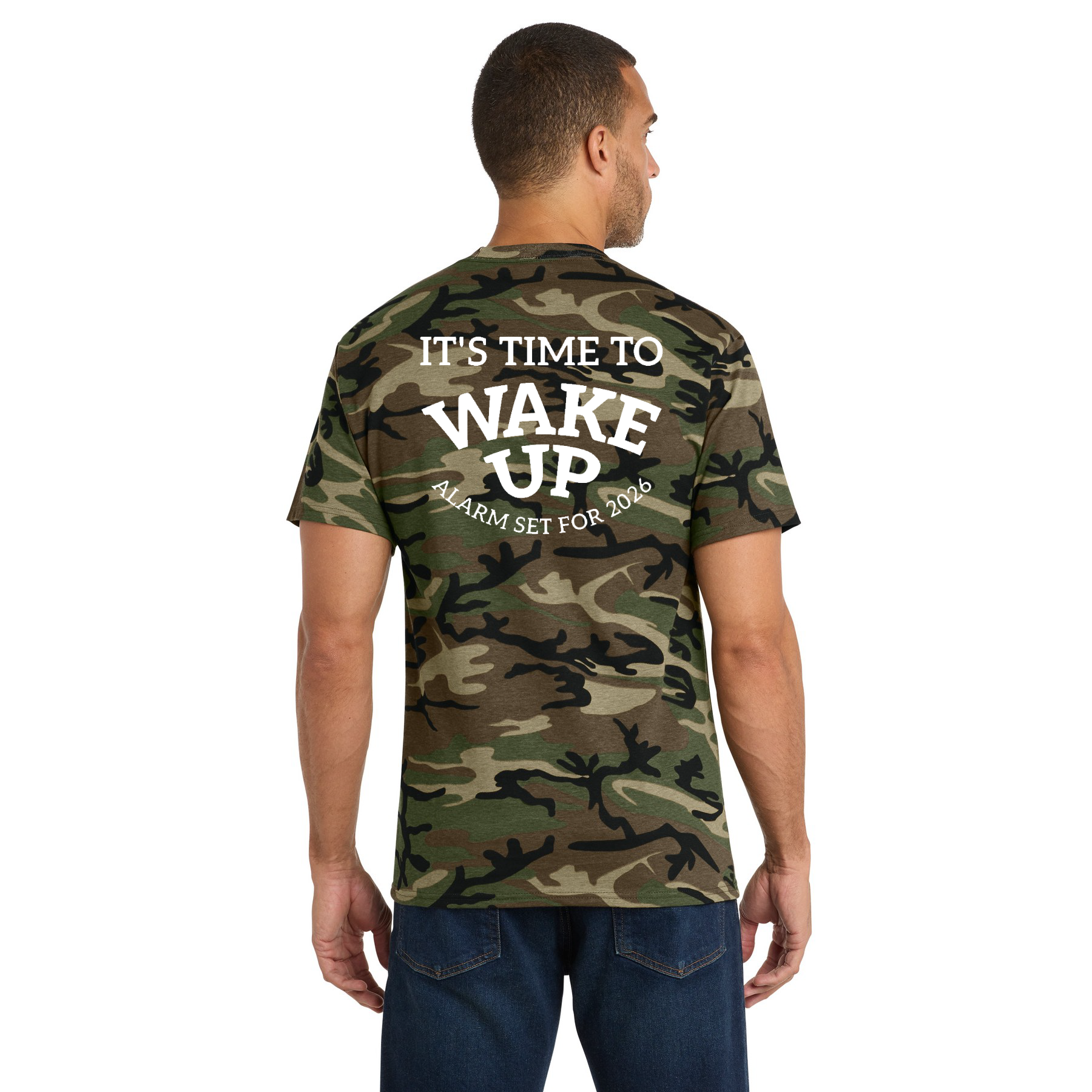 Wake Up Camo Tee — "It's Time to Wake Up" Military Green Graphic T-Shirt