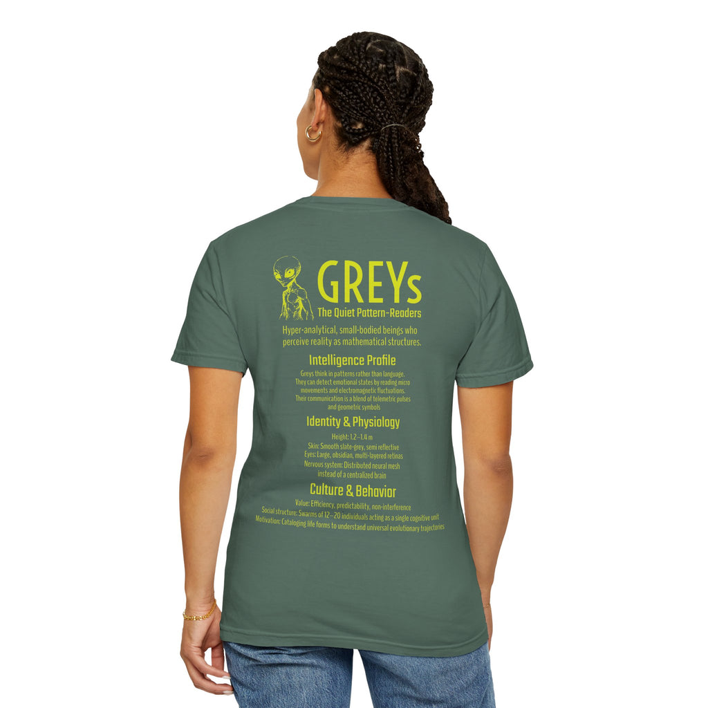 Alien Greys Graphic T-Shirt — "The Quiet Pattern Readers" Illustrated dark Tee