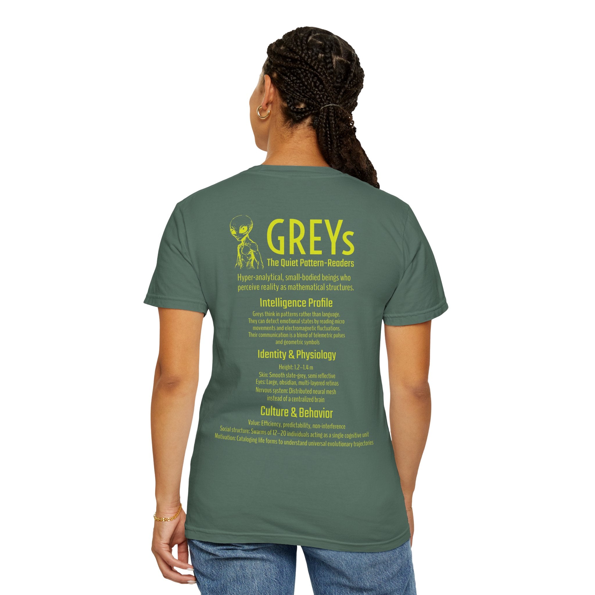 Alien Greys Graphic T-Shirt — "The Quiet Pattern Readers" Illustrated dark Tee