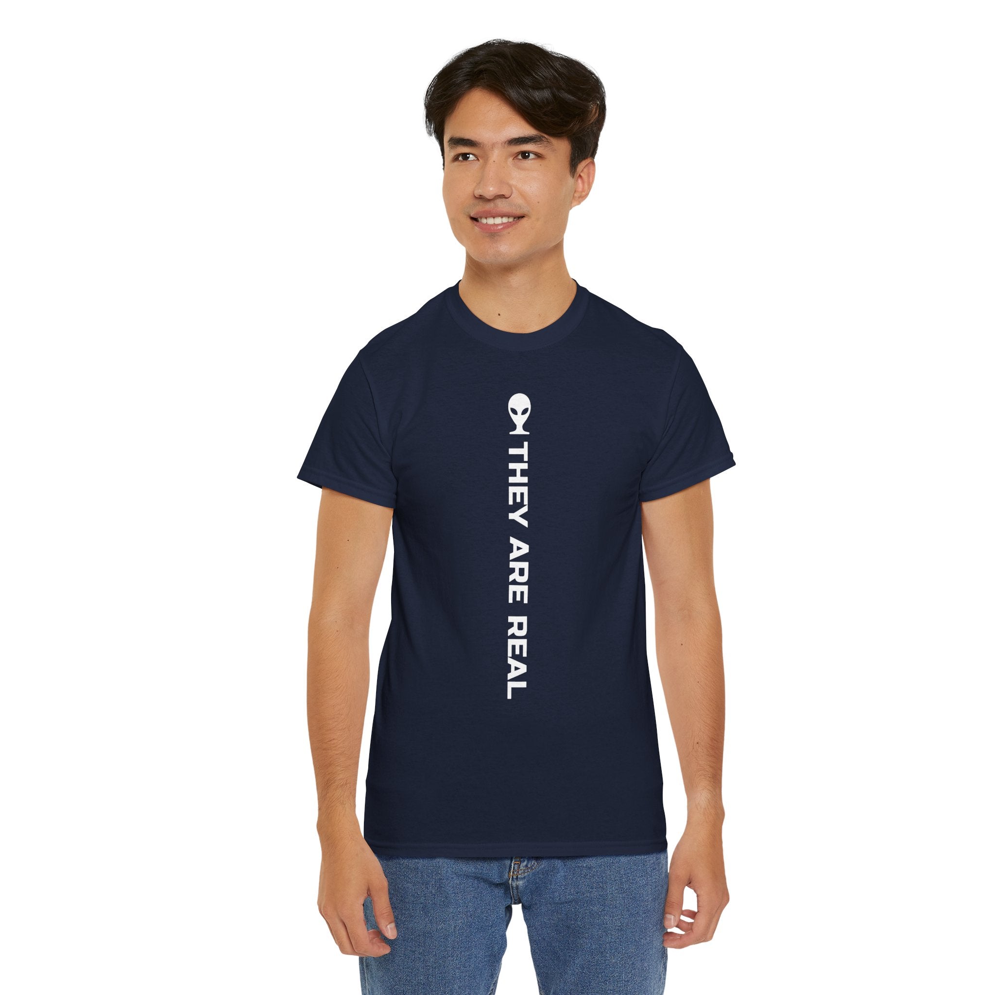 Alien Tee — Minimal "They Are Real" Vertical Graphic T-Shirt dark