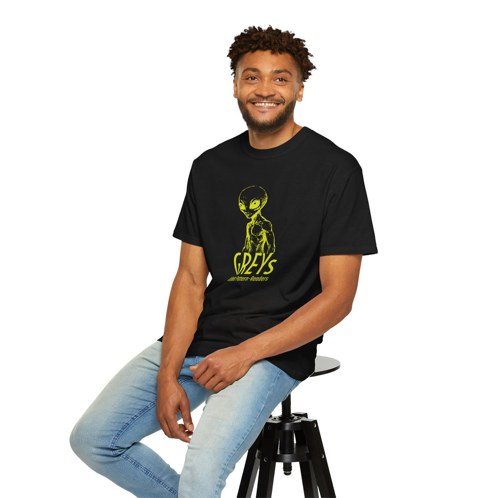 Alien Greys Graphic T-Shirt — "The Quiet Pattern Readers" Illustrated dark Tee
