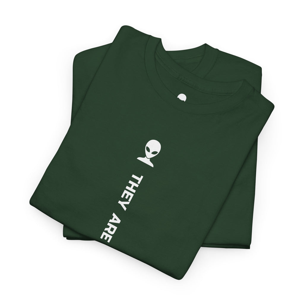 Alien Tee — Minimal "They Are Here" Vertical Graphic T-Shirt dark