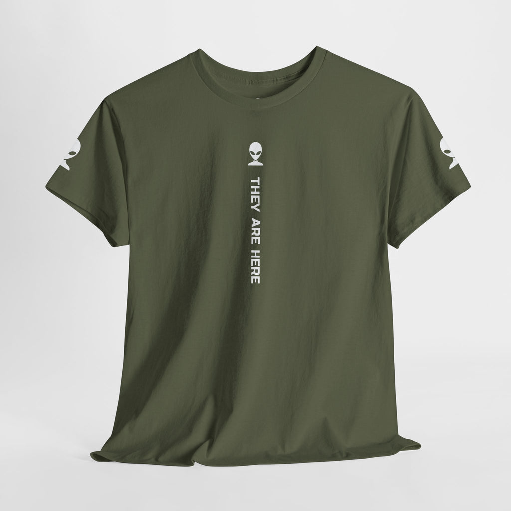 Alien Tee — Minimal "They Are Here" Vertical Graphic T-Shirt dark