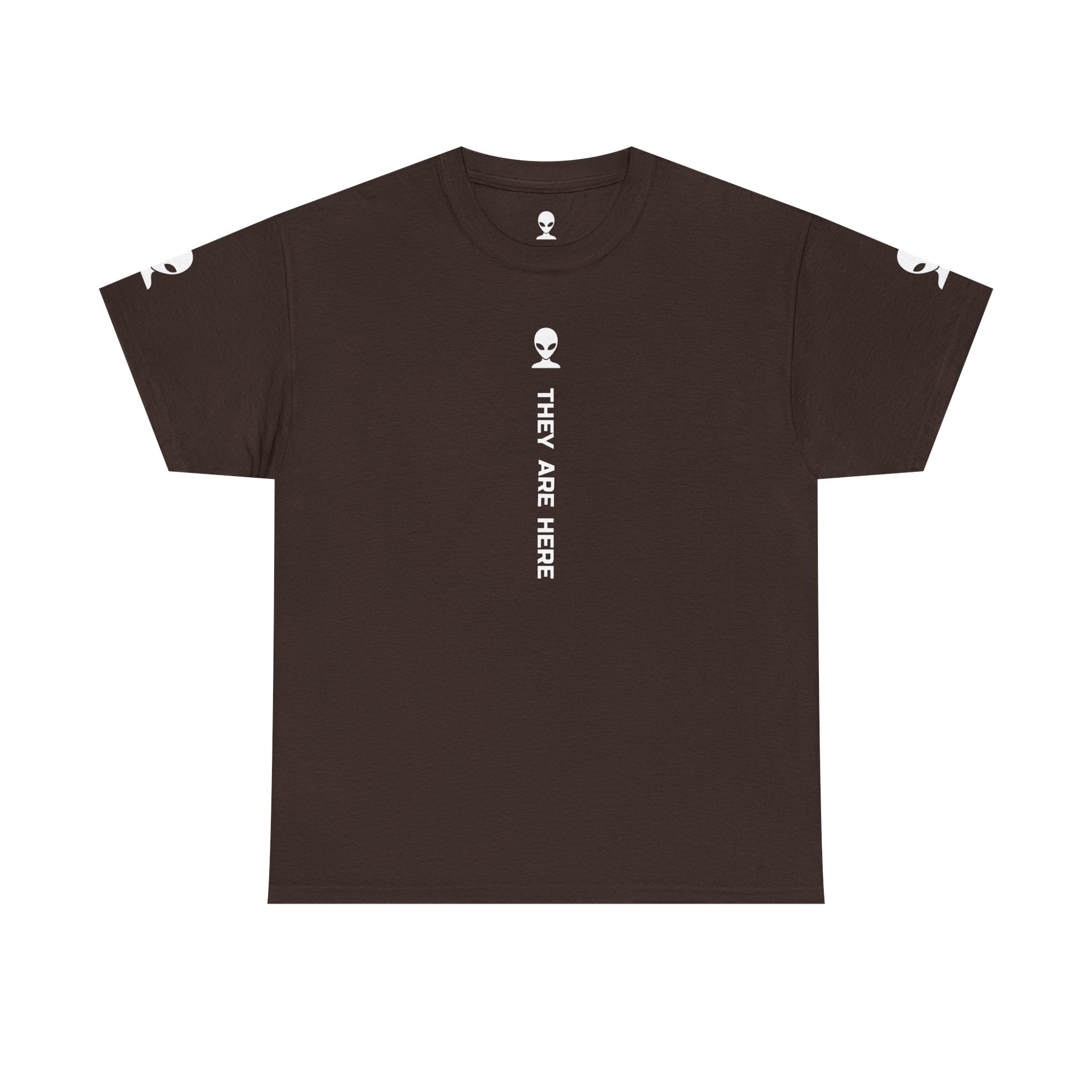 Alien Tee — Minimal "They Are Here" Vertical Graphic T-Shirt dark