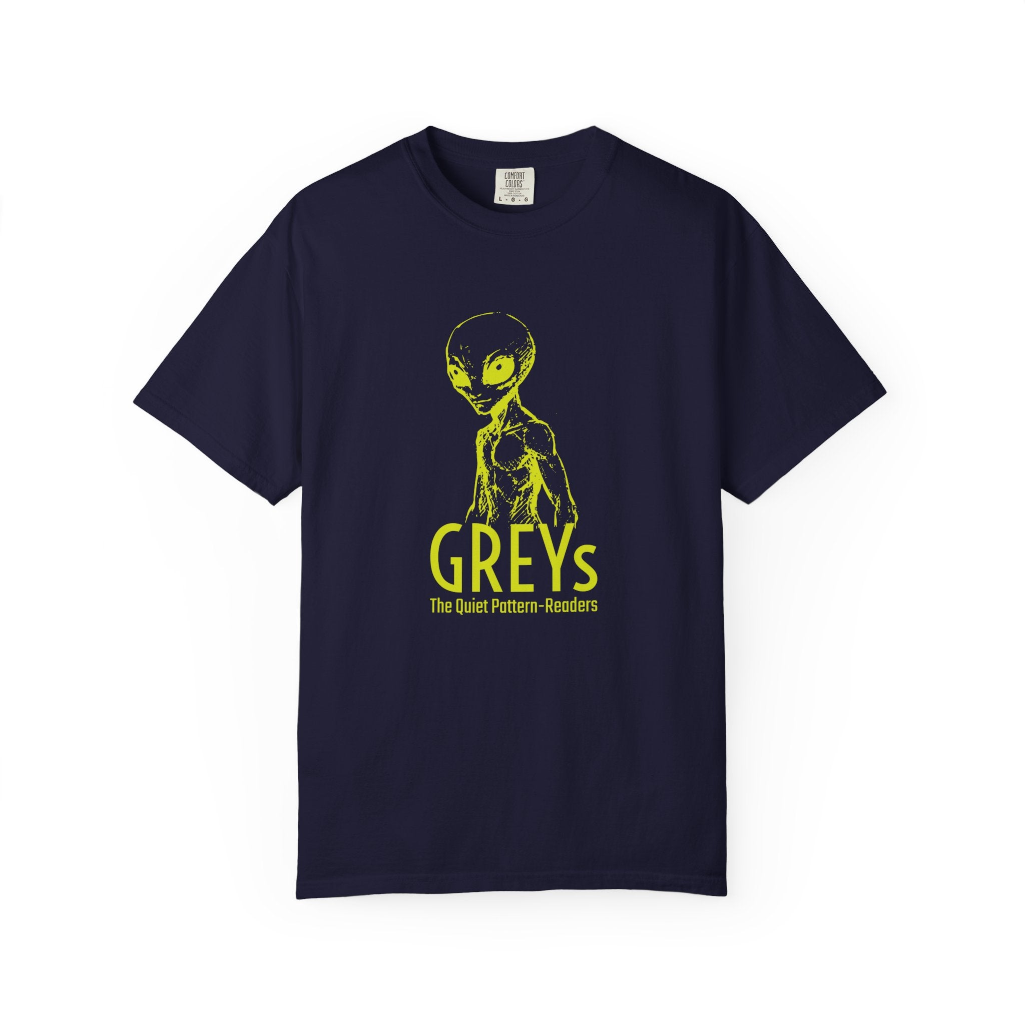 Alien Greys Graphic T-Shirt — "The Quiet Pattern Readers" Illustrated dark Tee