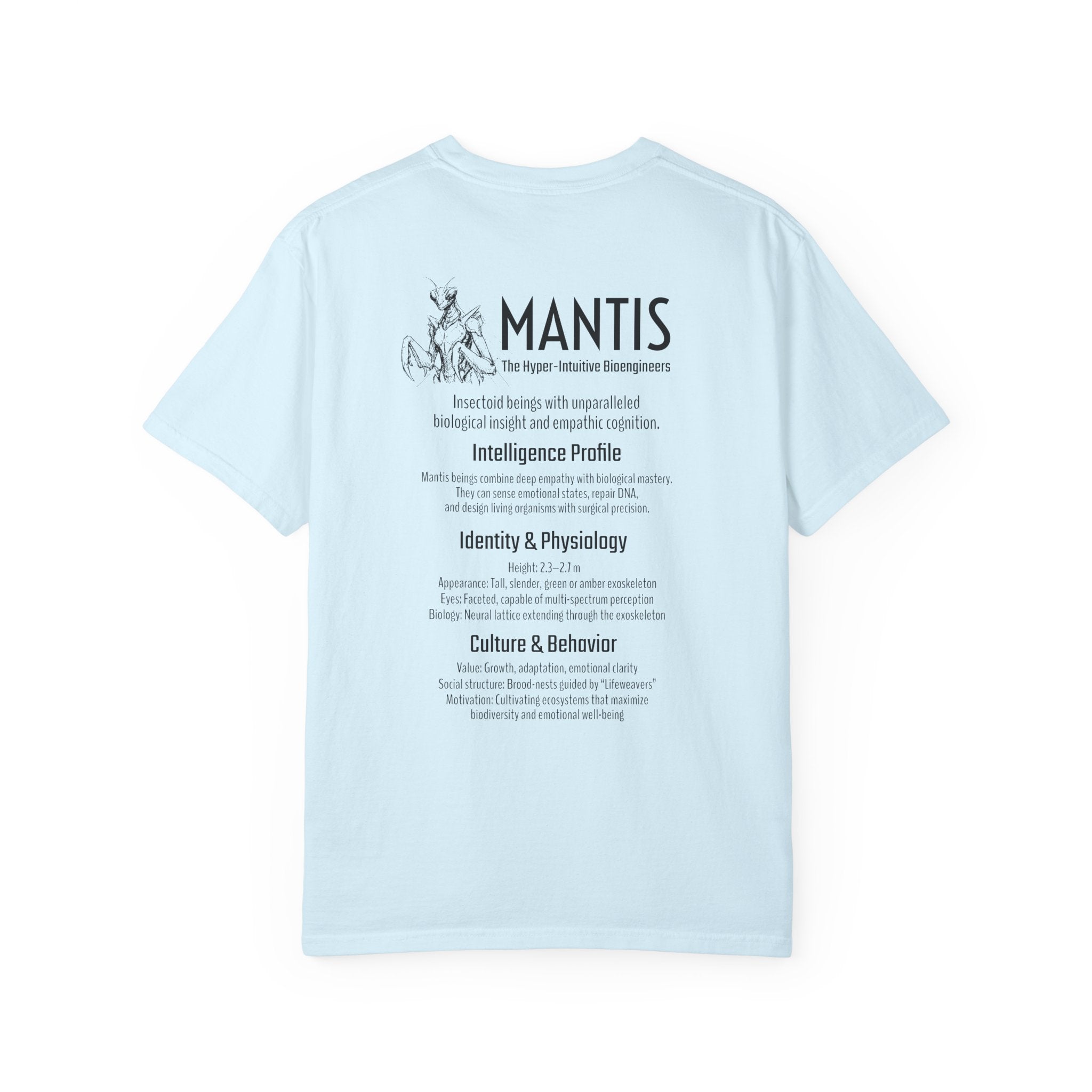 Alien Mantis Graphic T-Shirt — "The Hyper-Intuitive Bioengineers" Illustrated Tee