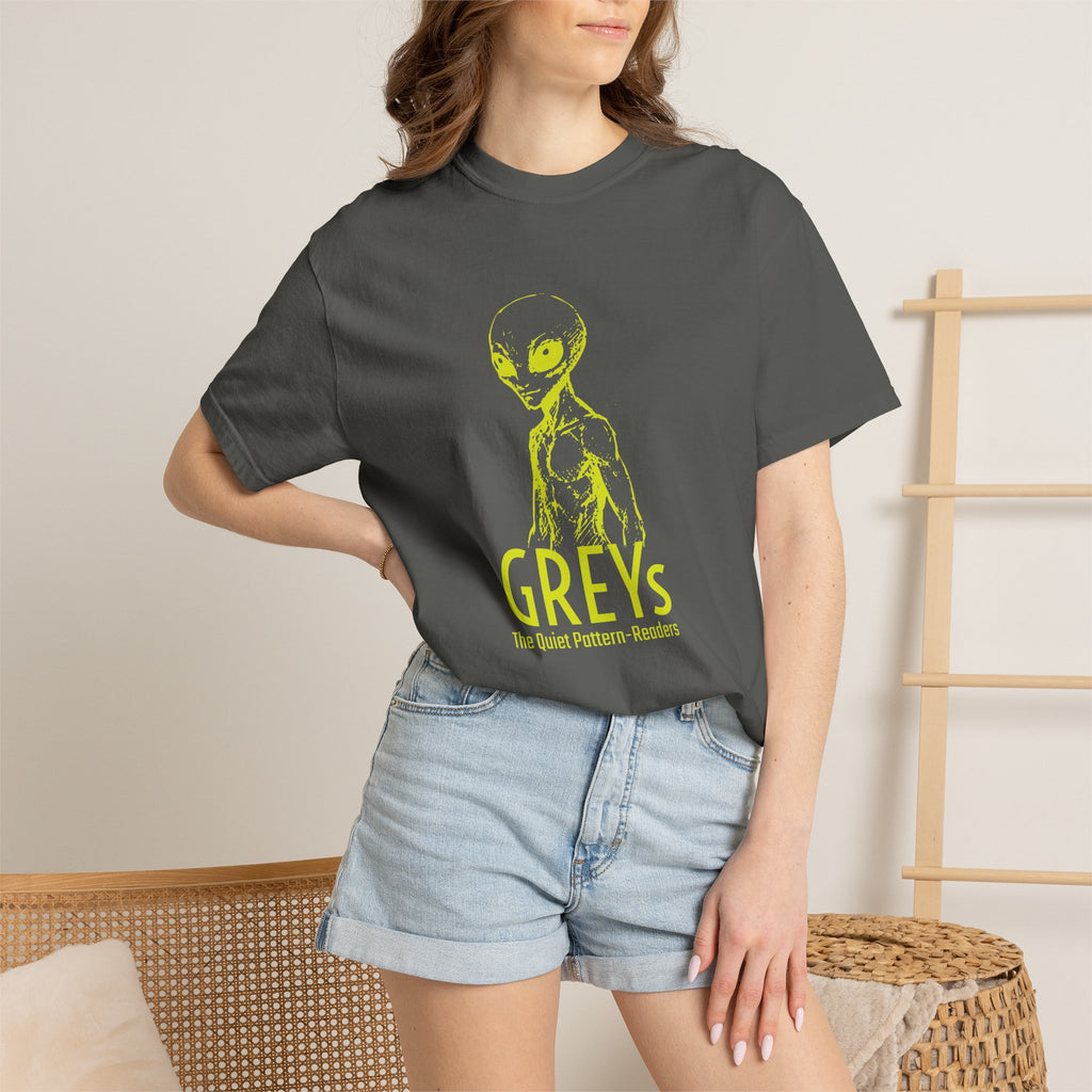 Alien Greys Graphic T-Shirt — "The Quiet Pattern Readers" Illustrated dark Tee
