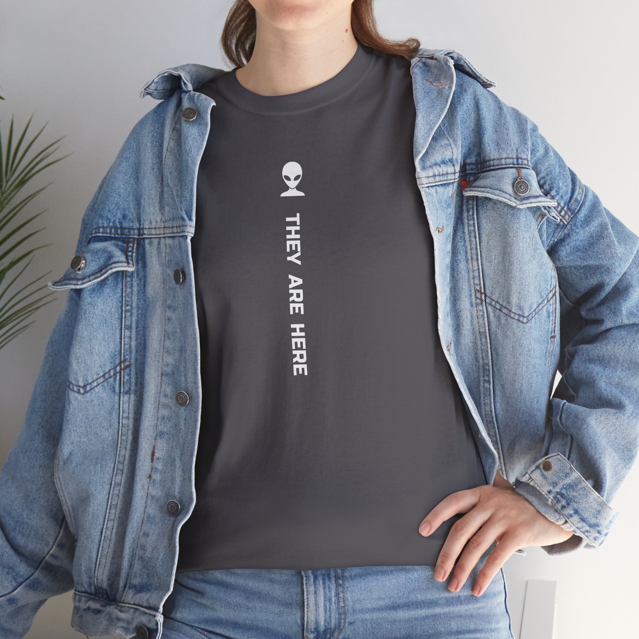 Alien Tee — Minimal "They Are Here" Vertical Graphic T-Shirt dark