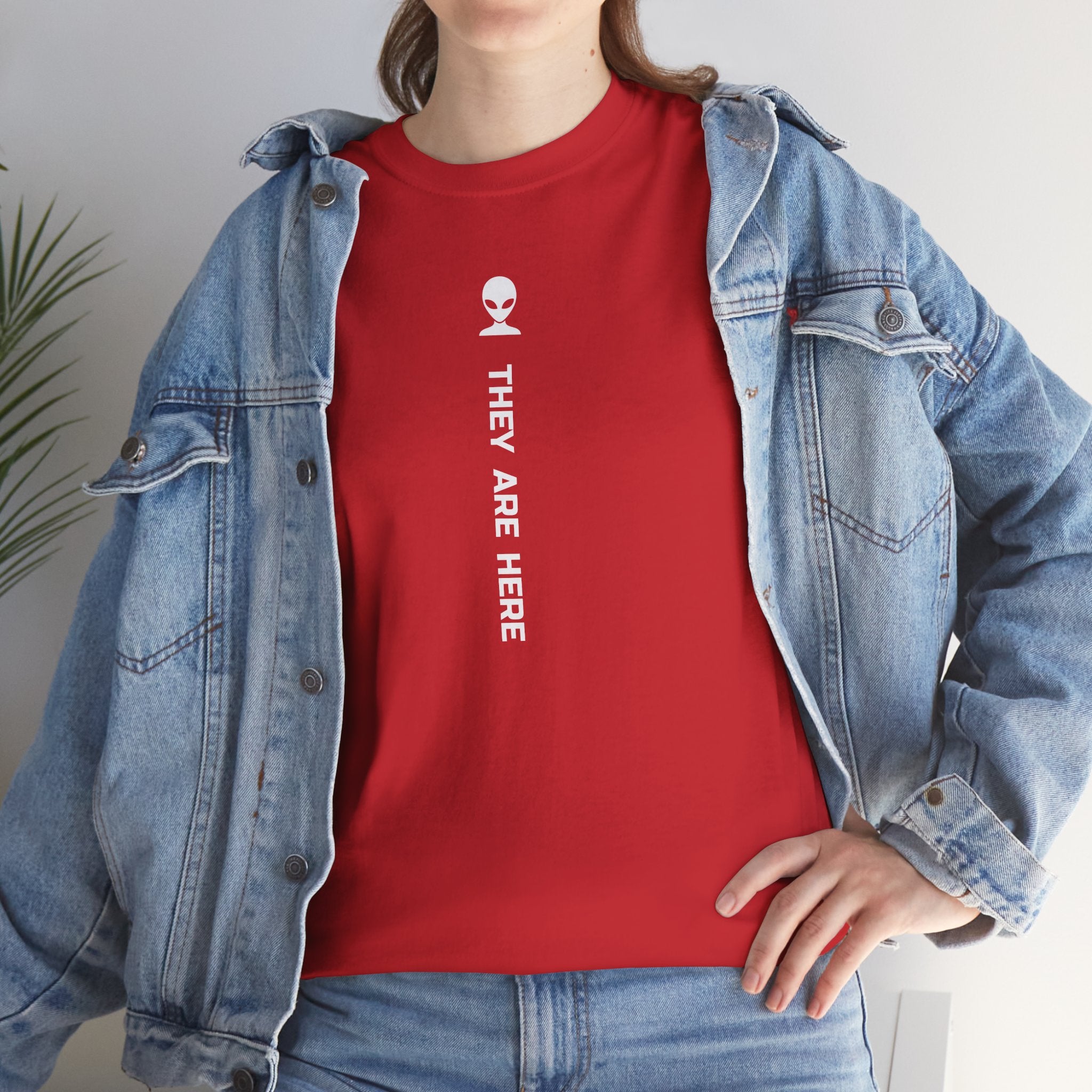 Alien Tee — Minimal "They Are Here" Vertical Graphic T-Shirt dark