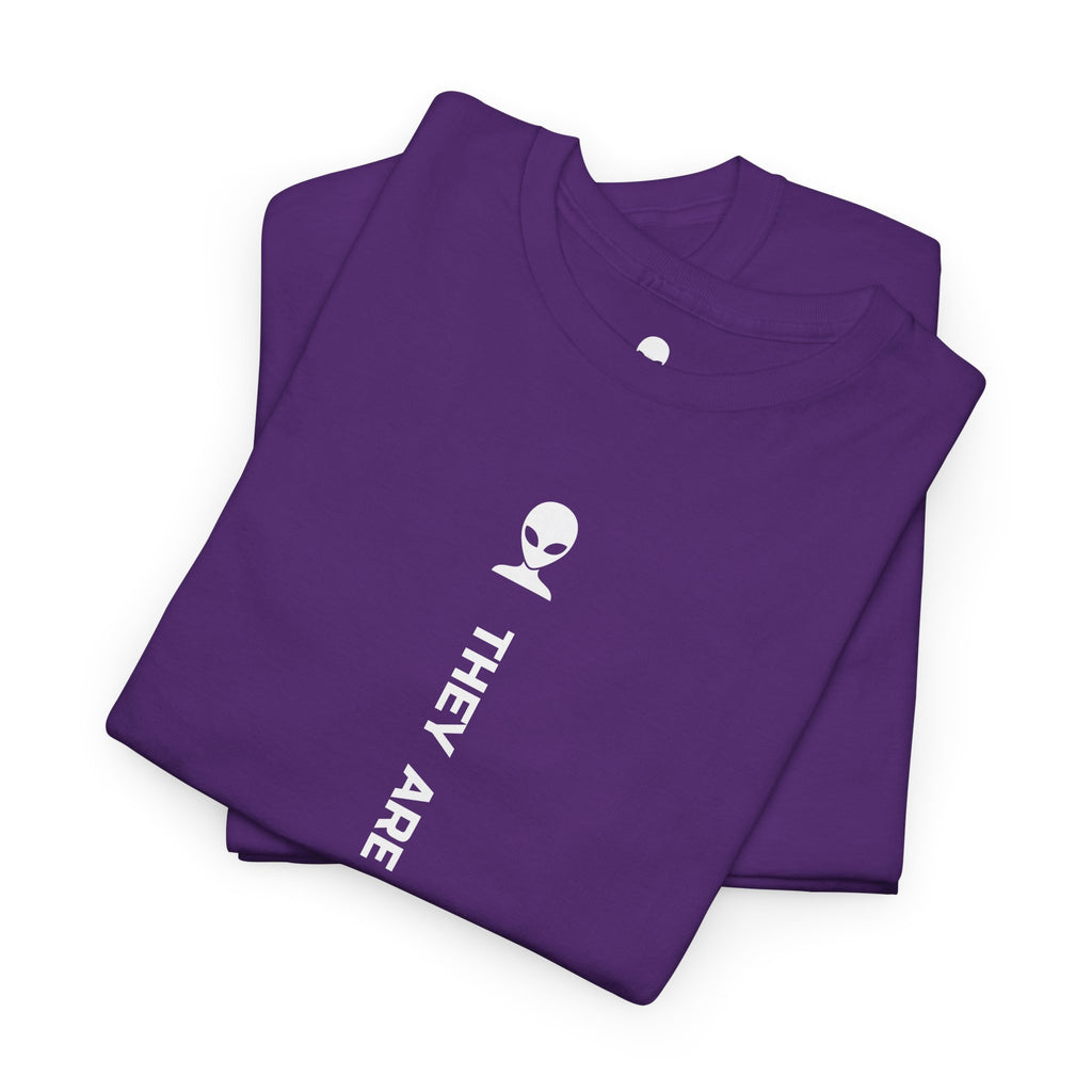 Alien Tee — Minimal "They Are Here" Vertical Graphic T-Shirt dark