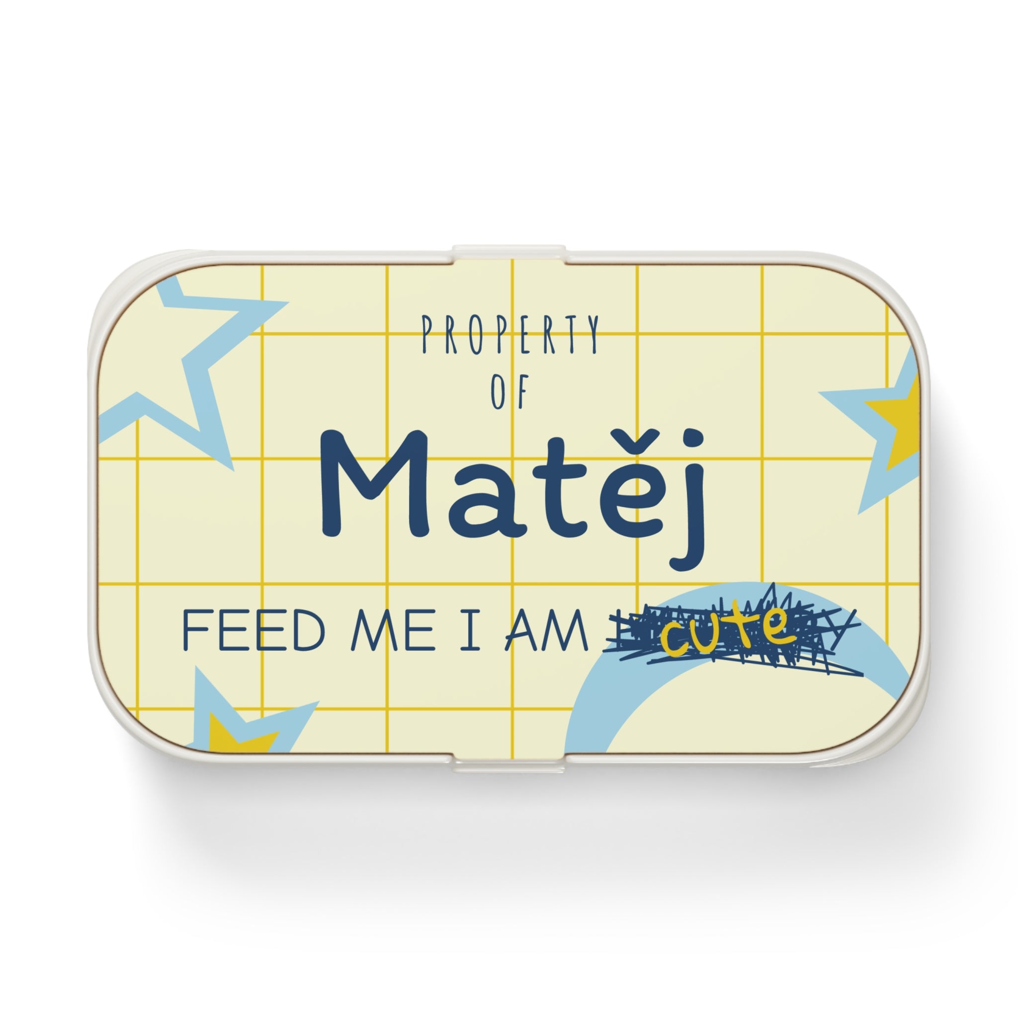 Personalized Bento Lunch Box — "Property of [Name] Feed Me I Am Hungry/Cute" Design