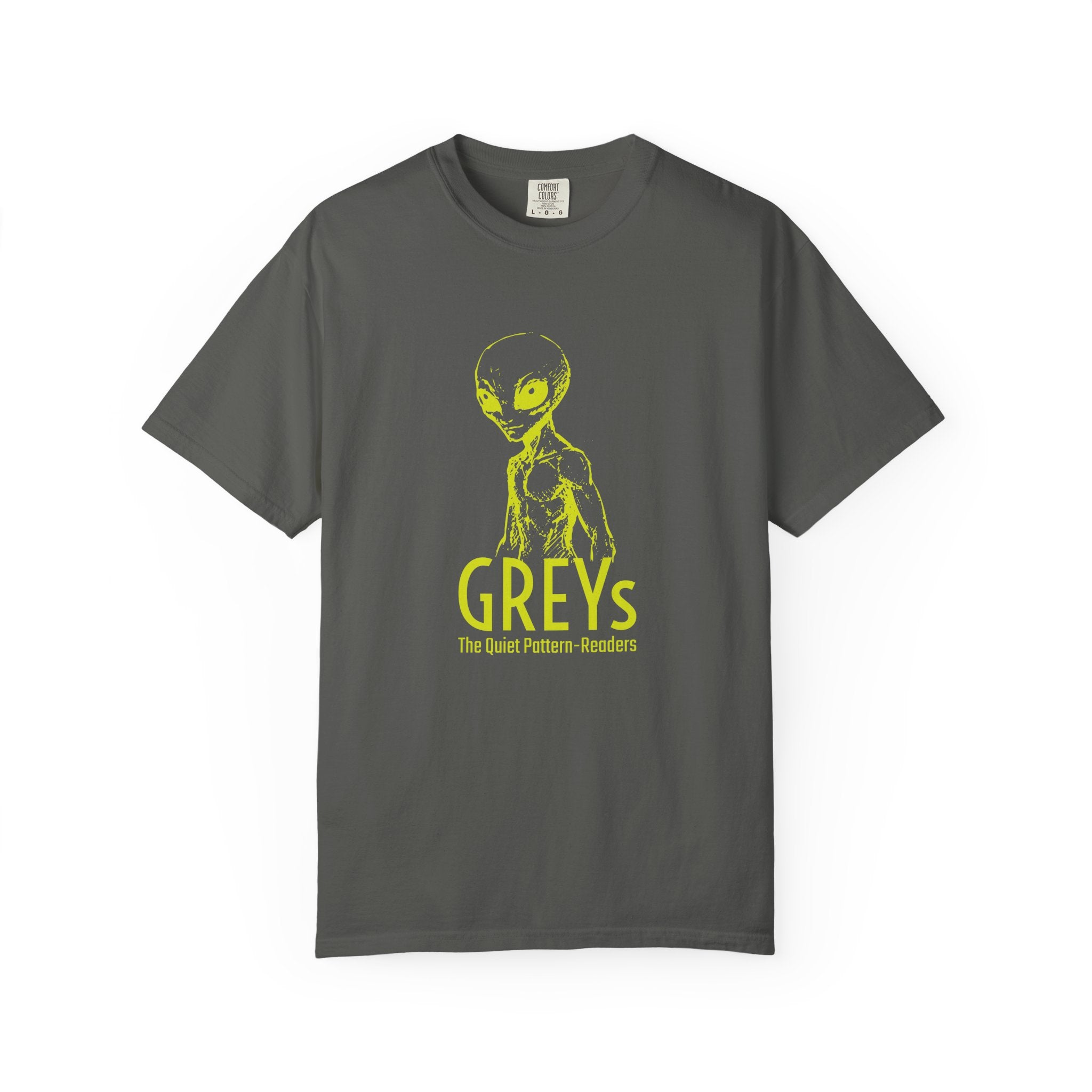Alien Greys Graphic T-Shirt — "The Quiet Pattern Readers" Illustrated dark Tee