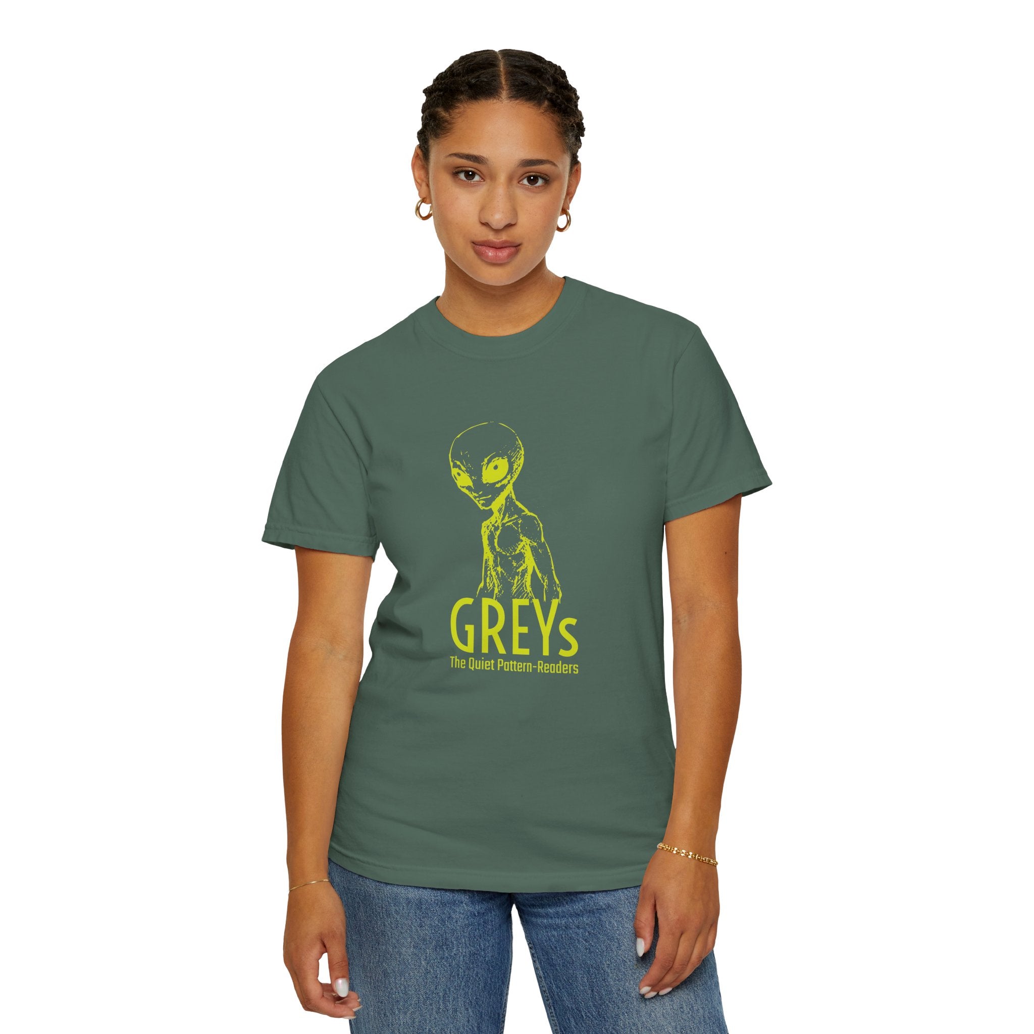 Alien Greys Graphic T-Shirt — "The Quiet Pattern Readers" Illustrated dark Tee