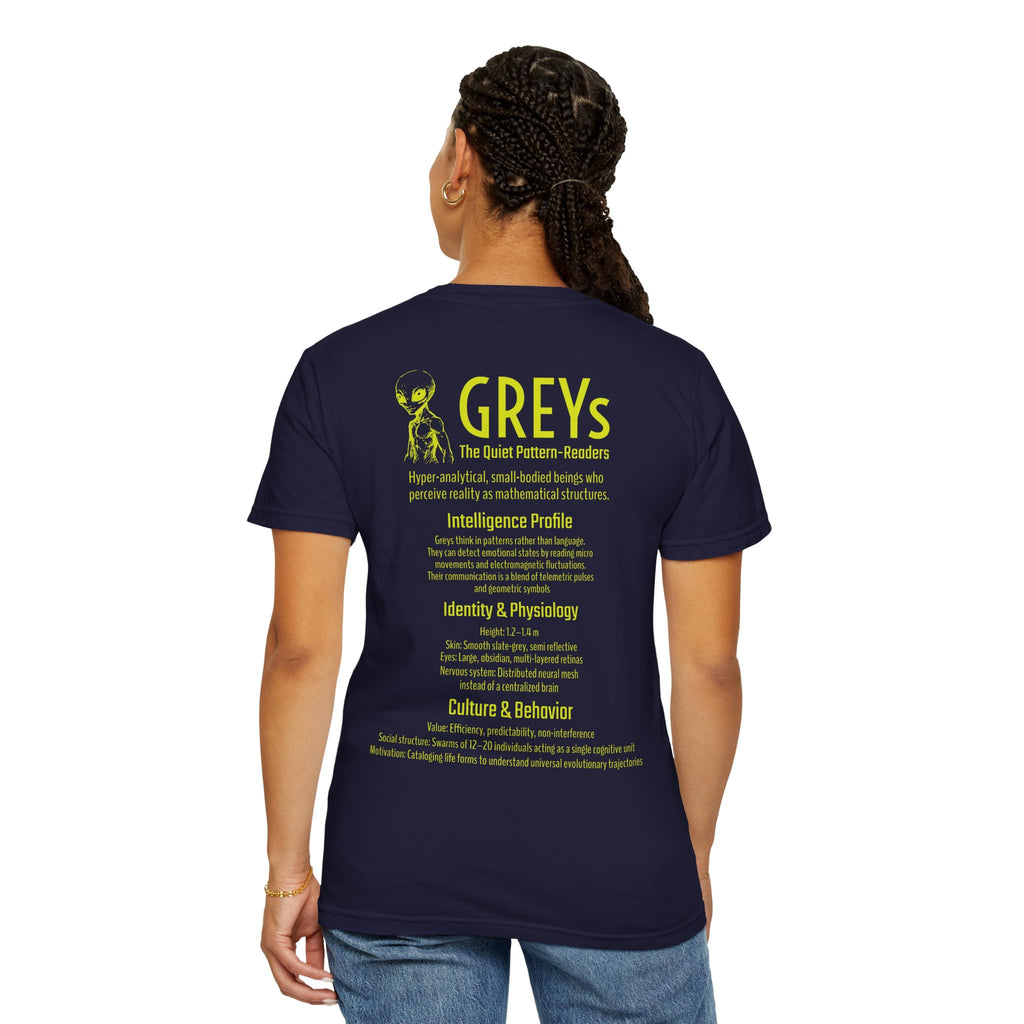 Alien Greys Graphic T-Shirt — "The Quiet Pattern Readers" Illustrated dark Tee