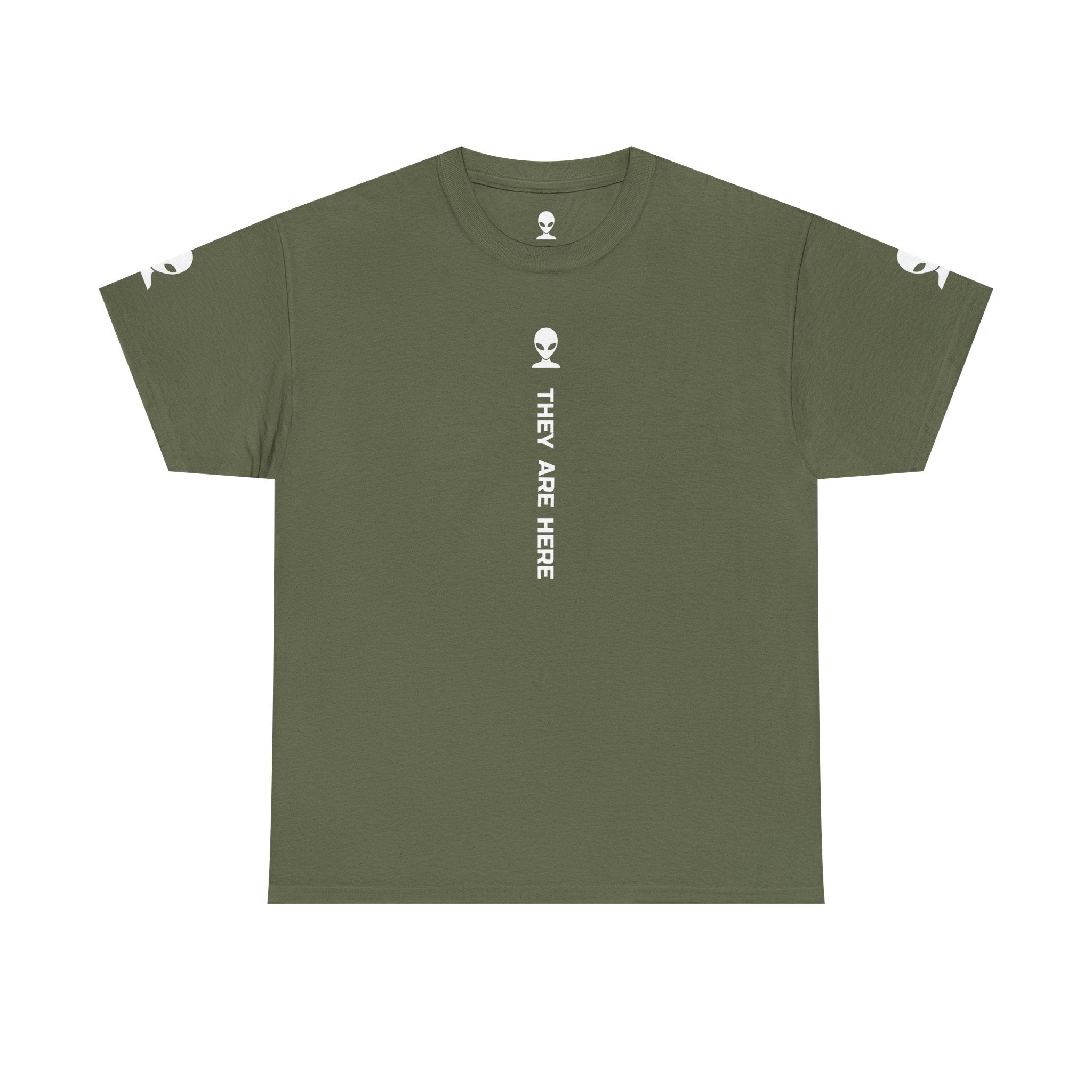 Alien Tee — Minimal "They Are Here" Vertical Graphic T-Shirt dark