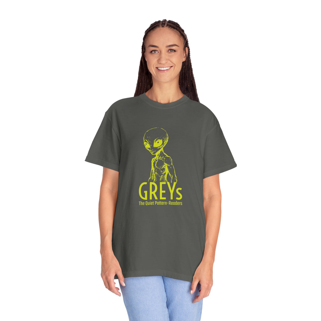 Alien Greys Graphic T-Shirt — "The Quiet Pattern Readers" Illustrated dark Tee