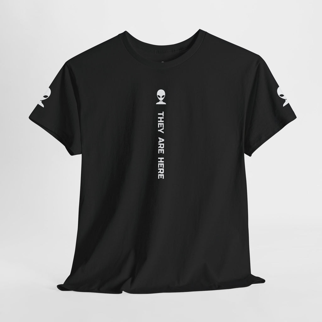 Alien Tee — Minimal "They Are Here" Vertical Graphic T-Shirt dark