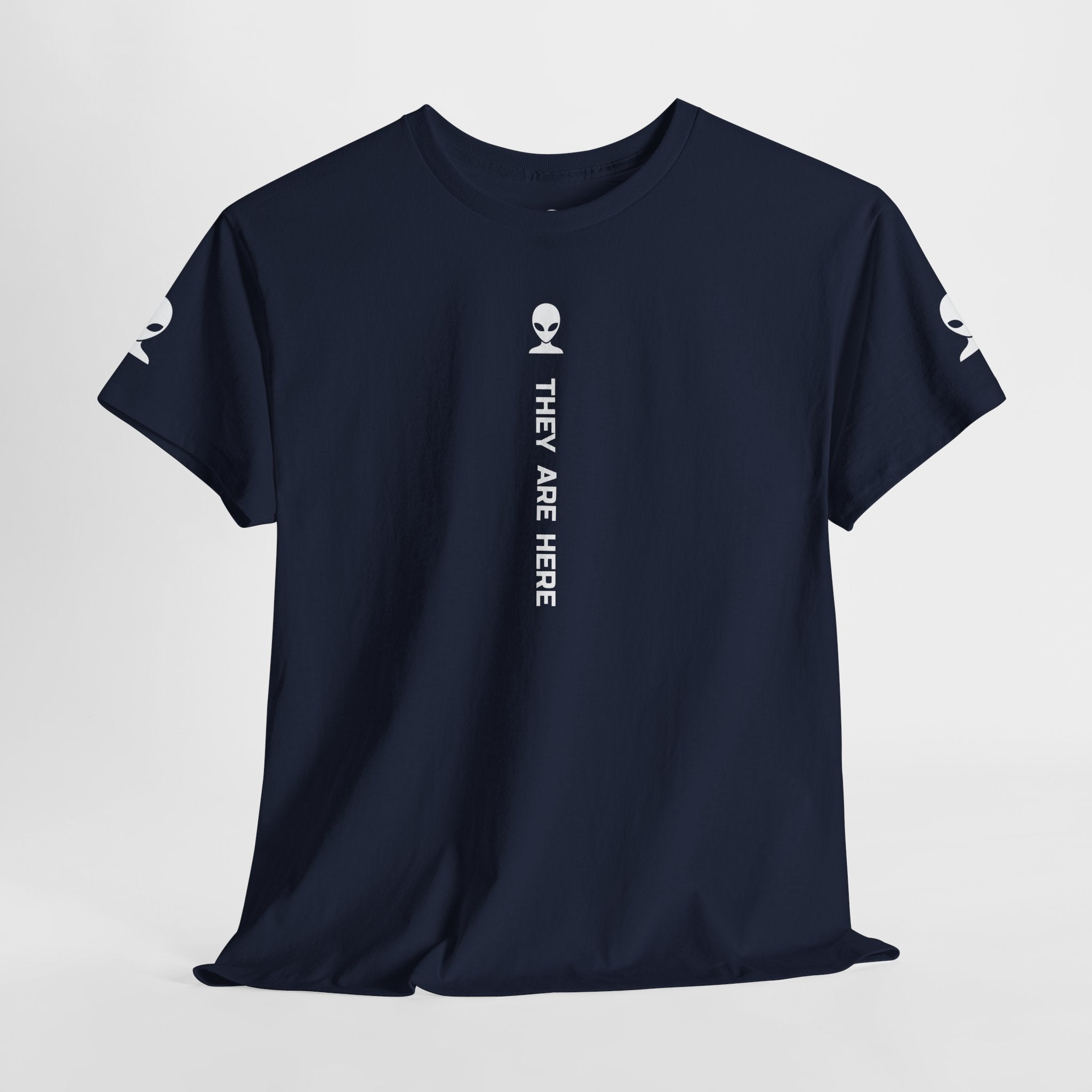 Alien Tee — Minimal "They Are Here" Vertical Graphic T-Shirt dark