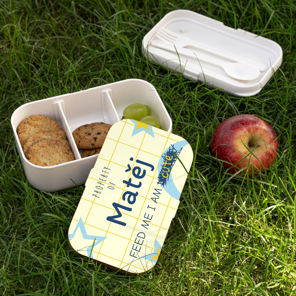 Personalized Bento Lunch Box — "Property of [Name] Feed Me I Am Hungry/Cute" Design