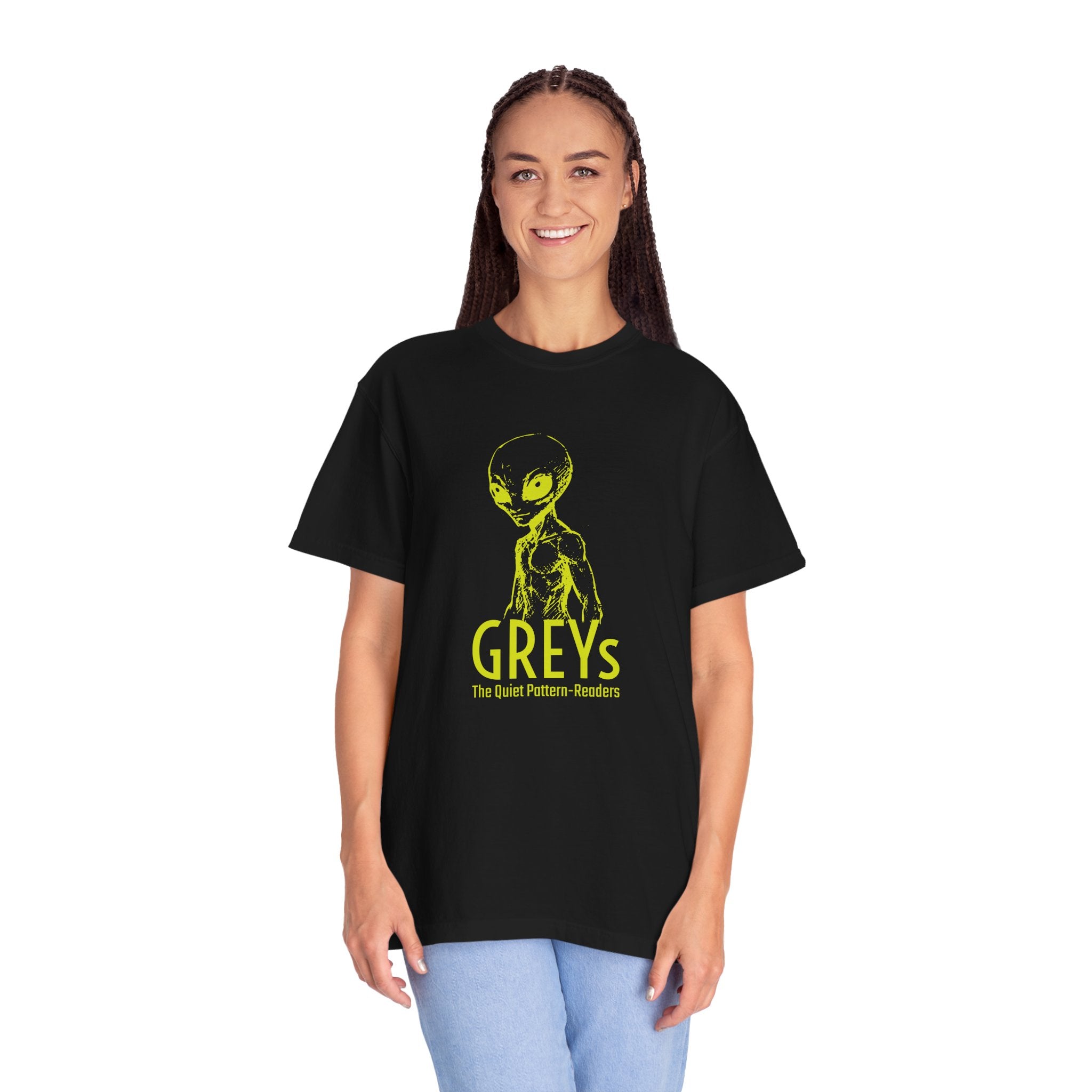 Alien Greys Graphic T-Shirt — "The Quiet Pattern Readers" Illustrated dark Tee