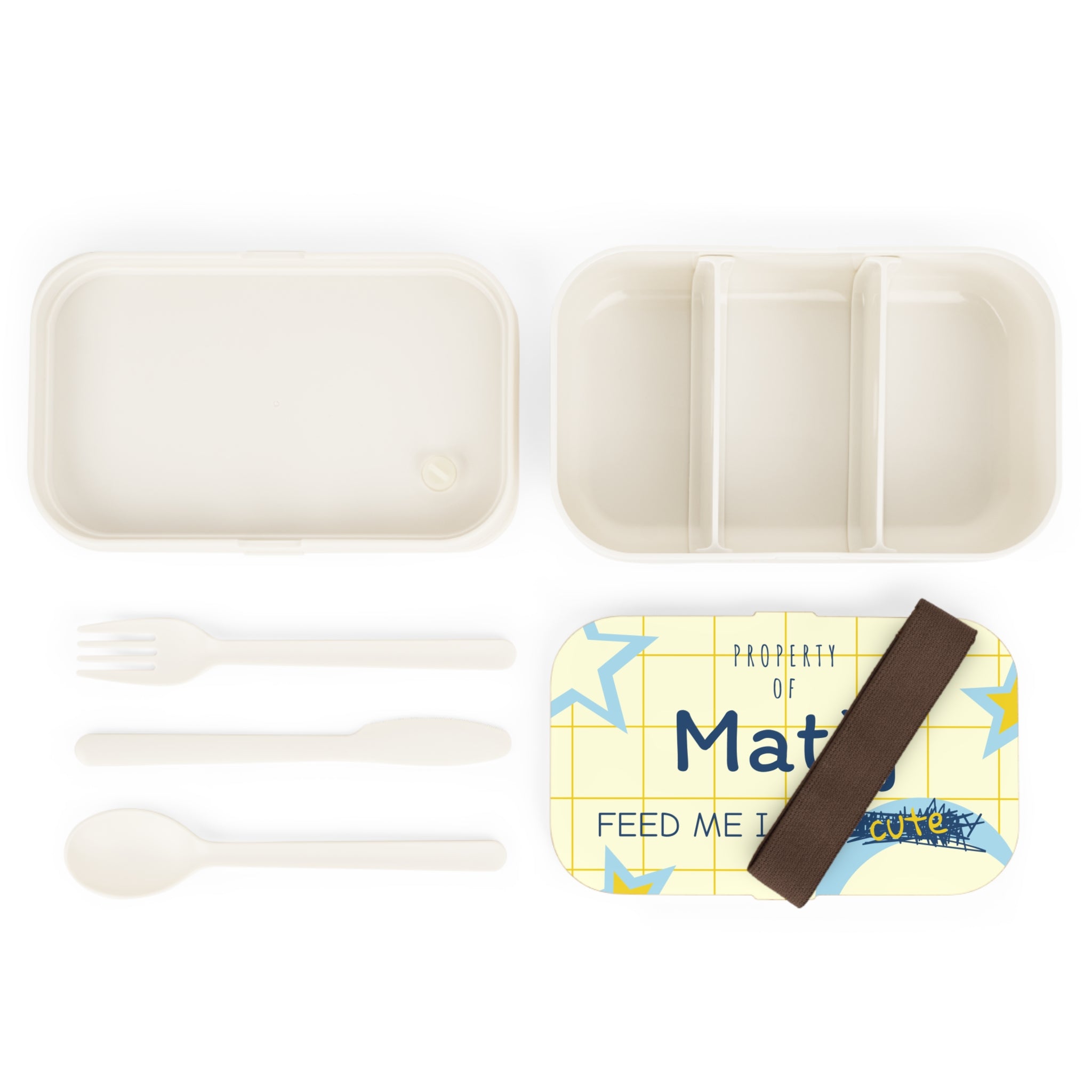 Personalized Bento Lunch Box — "Property of [Name] Feed Me I Am Hungry/Cute" Design
