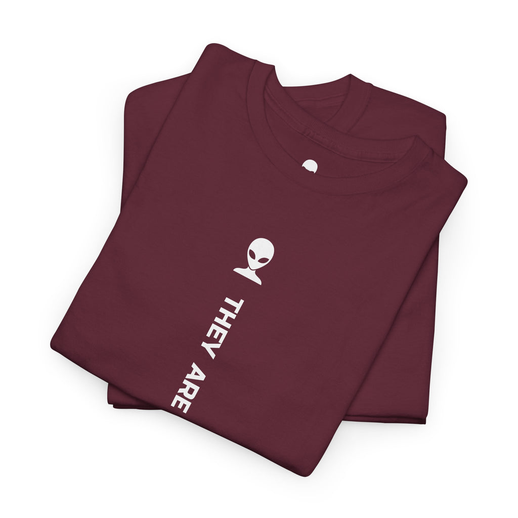 Alien Tee — Minimal "They Are Here" Vertical Graphic T-Shirt dark