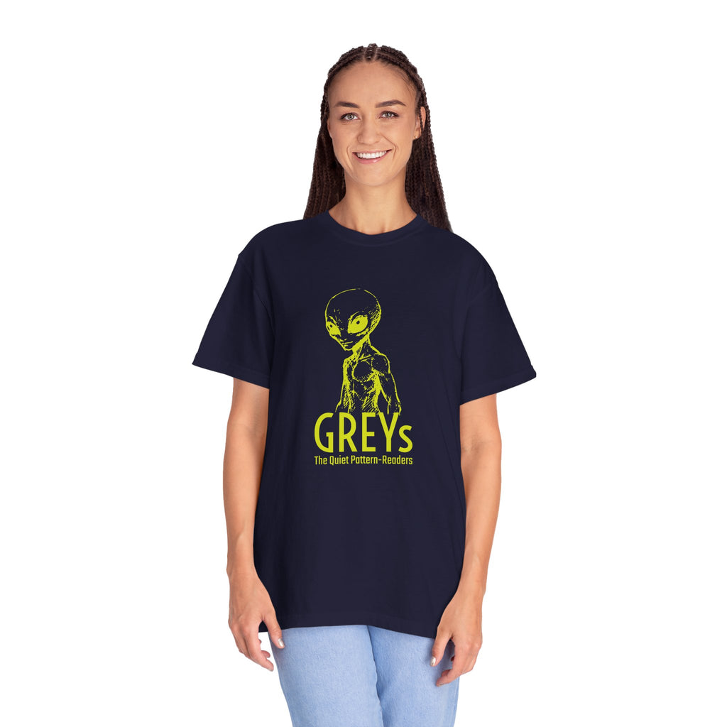 Alien Greys Graphic T-Shirt — "The Quiet Pattern Readers" Illustrated dark Tee