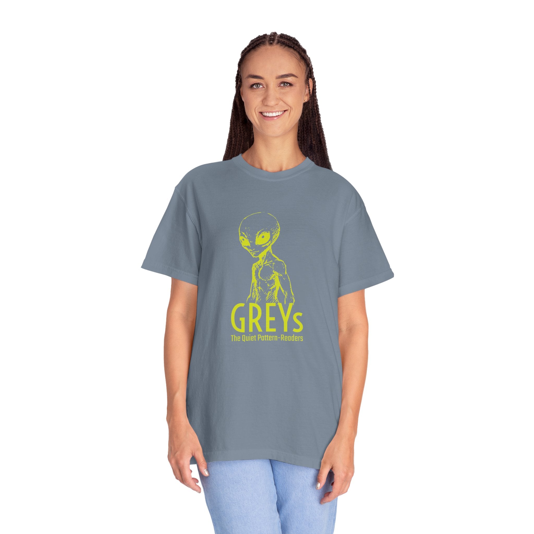 Alien Greys Graphic T-Shirt — "The Quiet Pattern Readers" Illustrated dark Tee