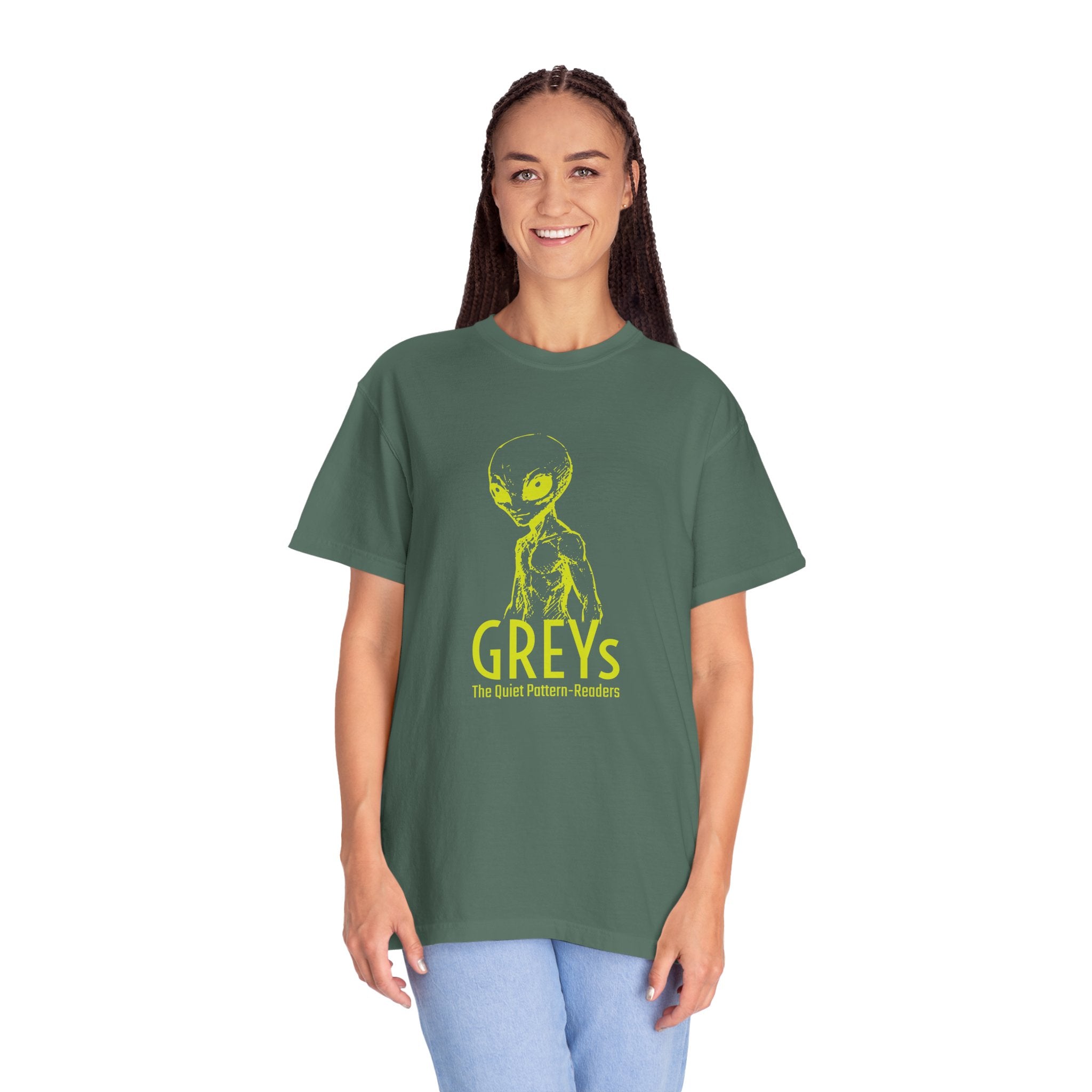 Alien Greys Graphic T-Shirt — "The Quiet Pattern Readers" Illustrated dark Tee