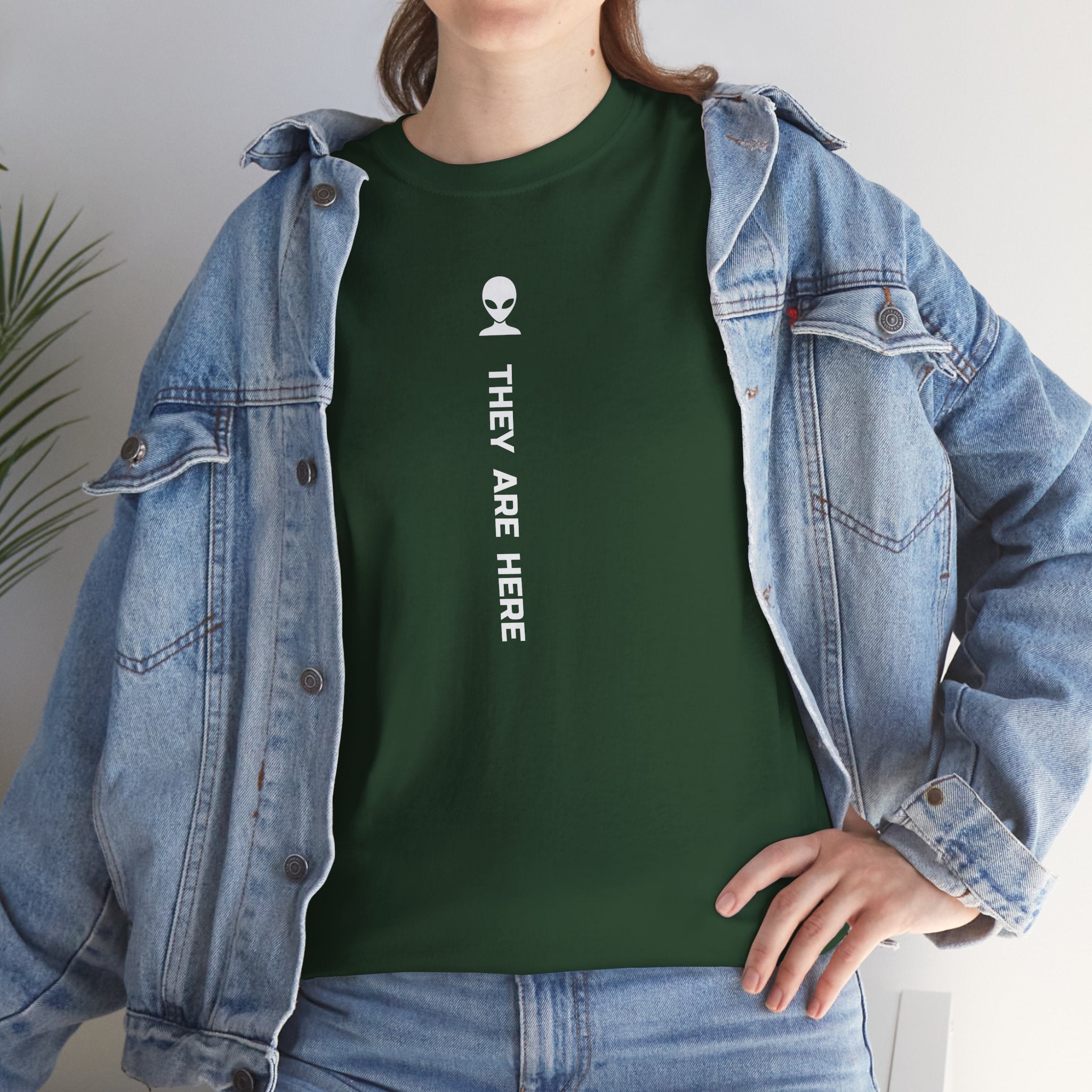 Alien Tee — Minimal "They Are Here" Vertical Graphic T-Shirt dark