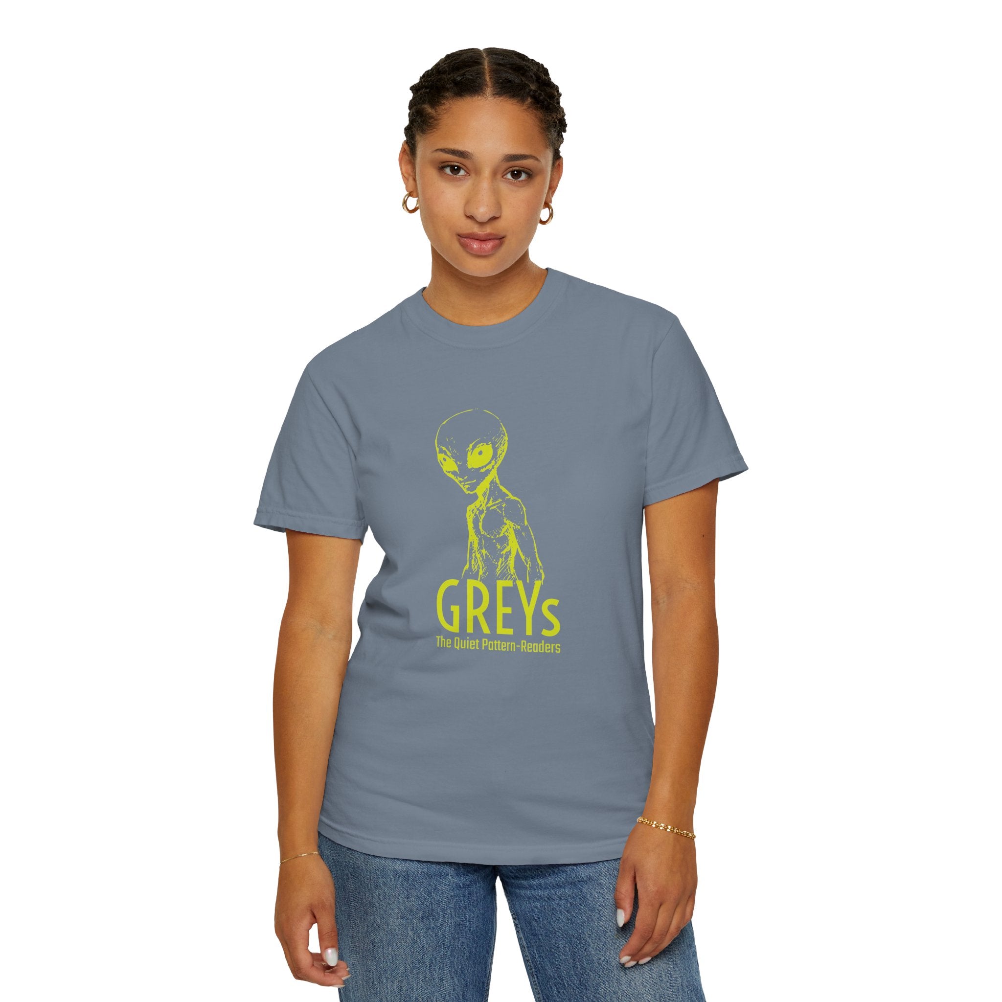 Alien Greys Graphic T-Shirt — "The Quiet Pattern Readers" Illustrated dark Tee