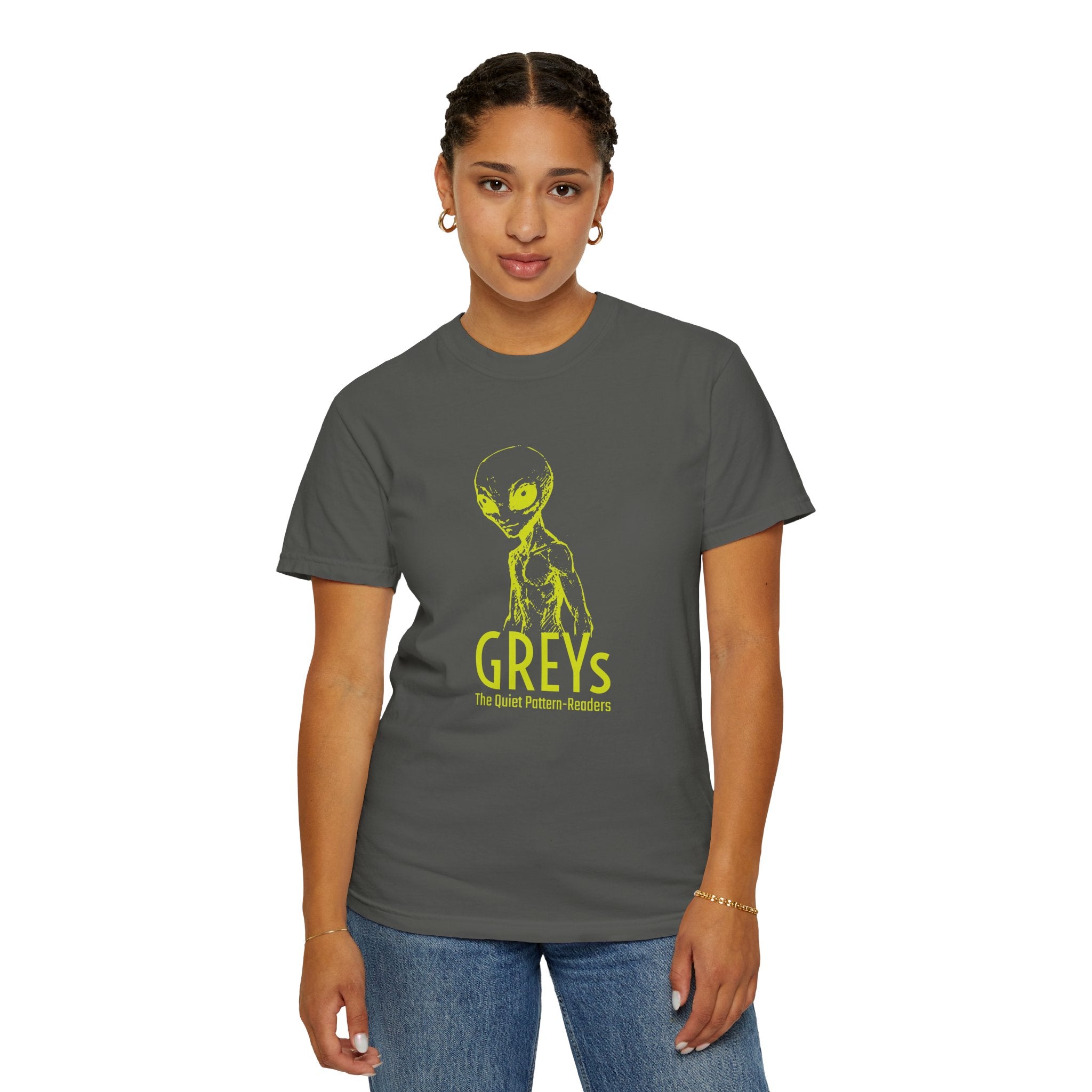 Alien Greys Graphic T-Shirt — "The Quiet Pattern Readers" Illustrated dark Tee