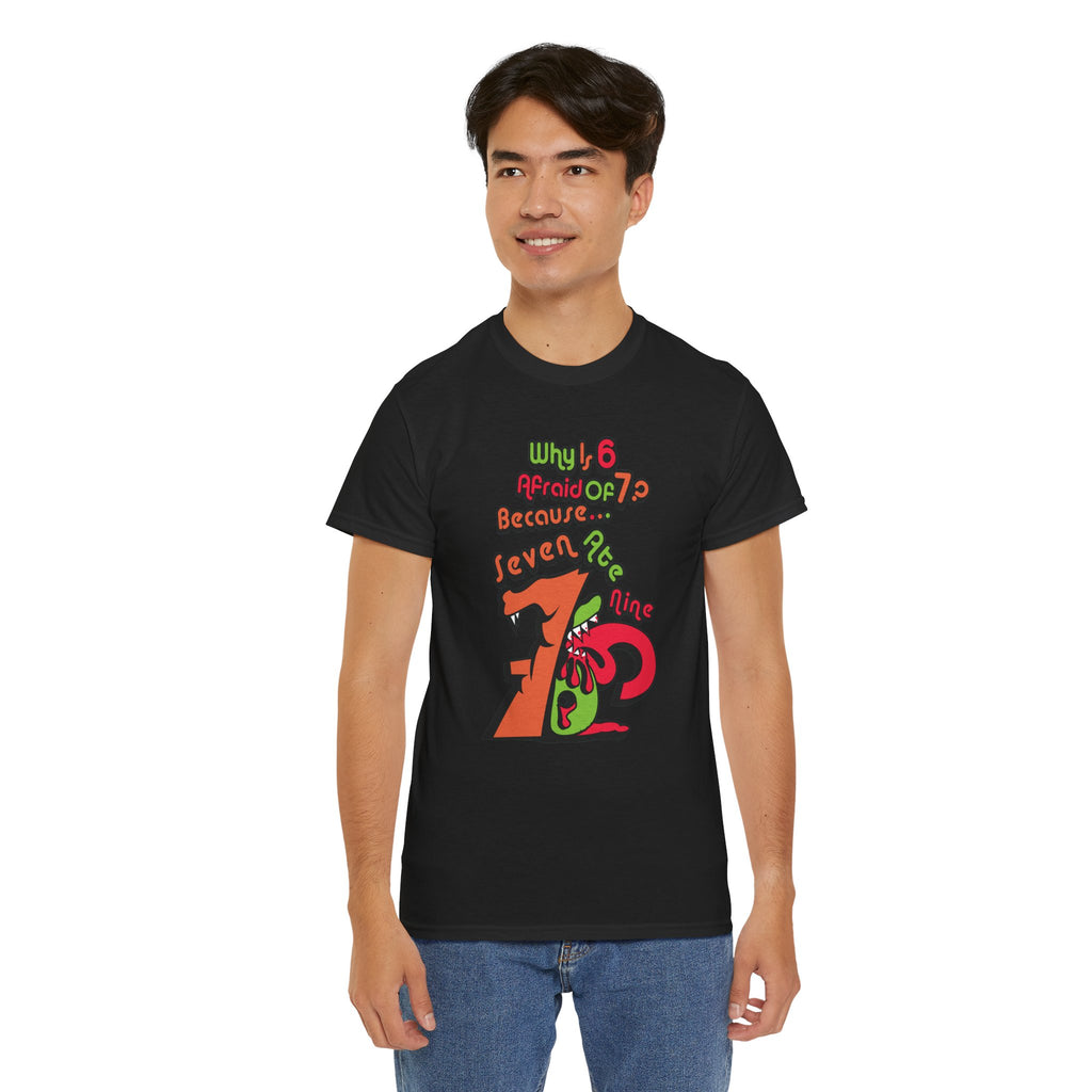Why is 6 Afraid of 7? "Because 7 Ate 9" Funny Numbers Tee
